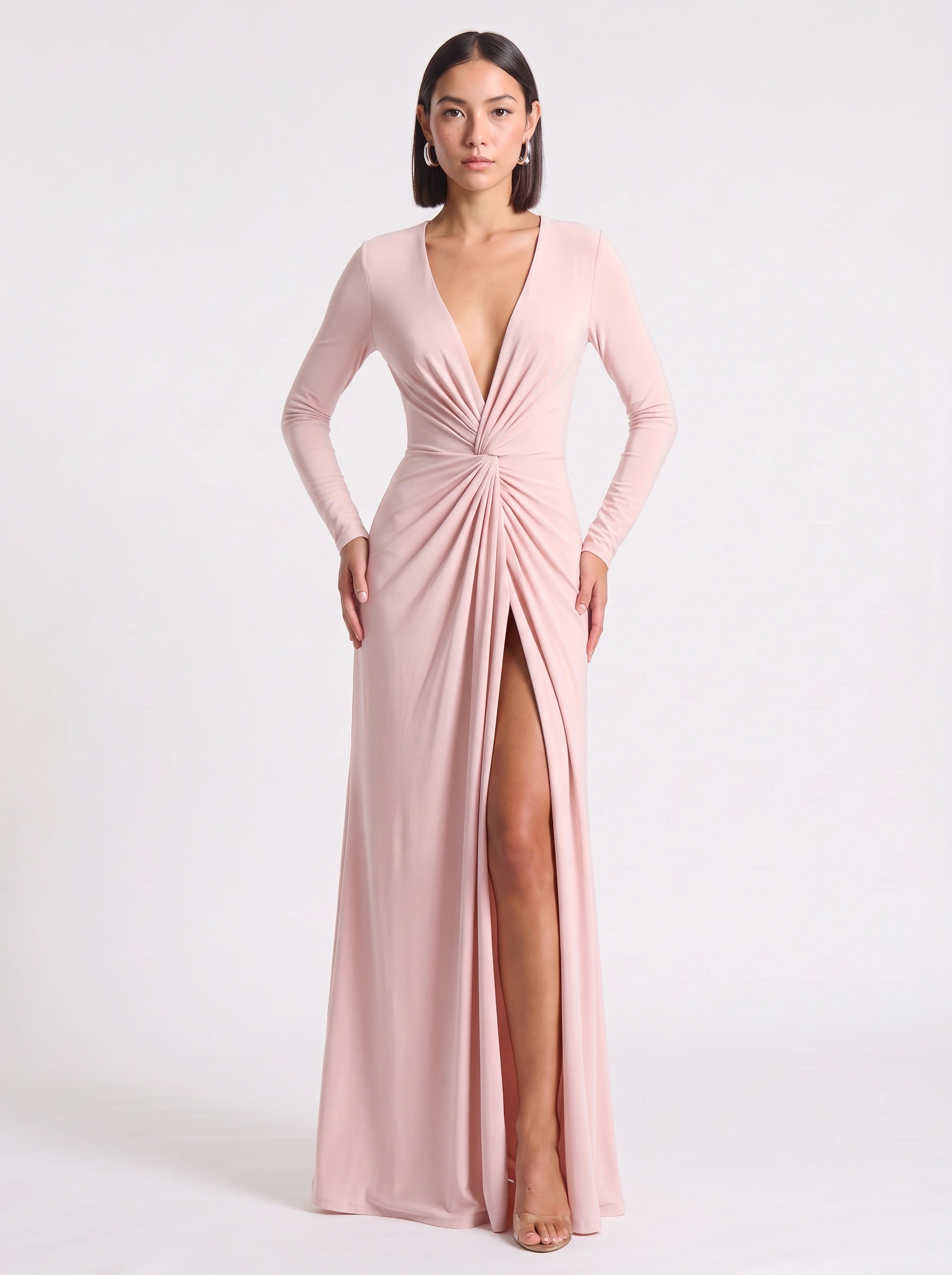 Jocasta Deep V-Neck Twist Front Maxi Dress – Long Sleeve High Slit Women Formal Evening Cocktail Maxi Dress