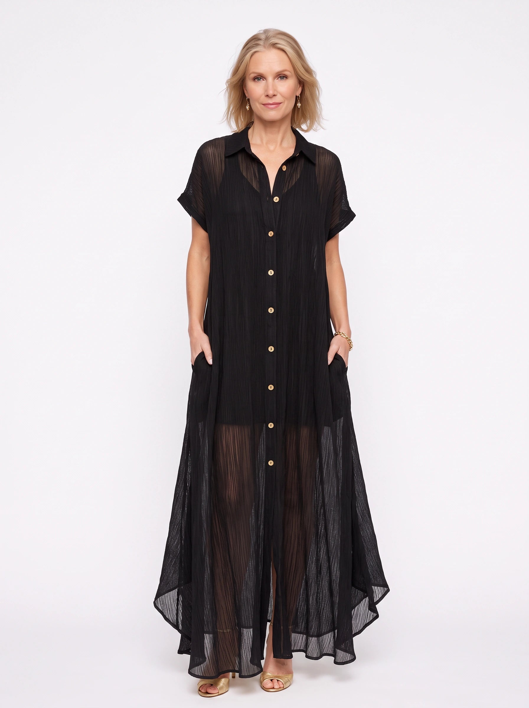 Ombrine Sheer Crinkle Shirt Maxi Dress – Button Front Maxi Dress Women Summer Beach Vacation Long Sleeve Maxi Dress