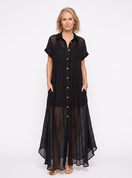 Ombrine Sheer Crinkle Shirt Maxi Dress – Button Front Maxi Dress Women Summer Beach Vacation Long Sleeve Maxi Dress