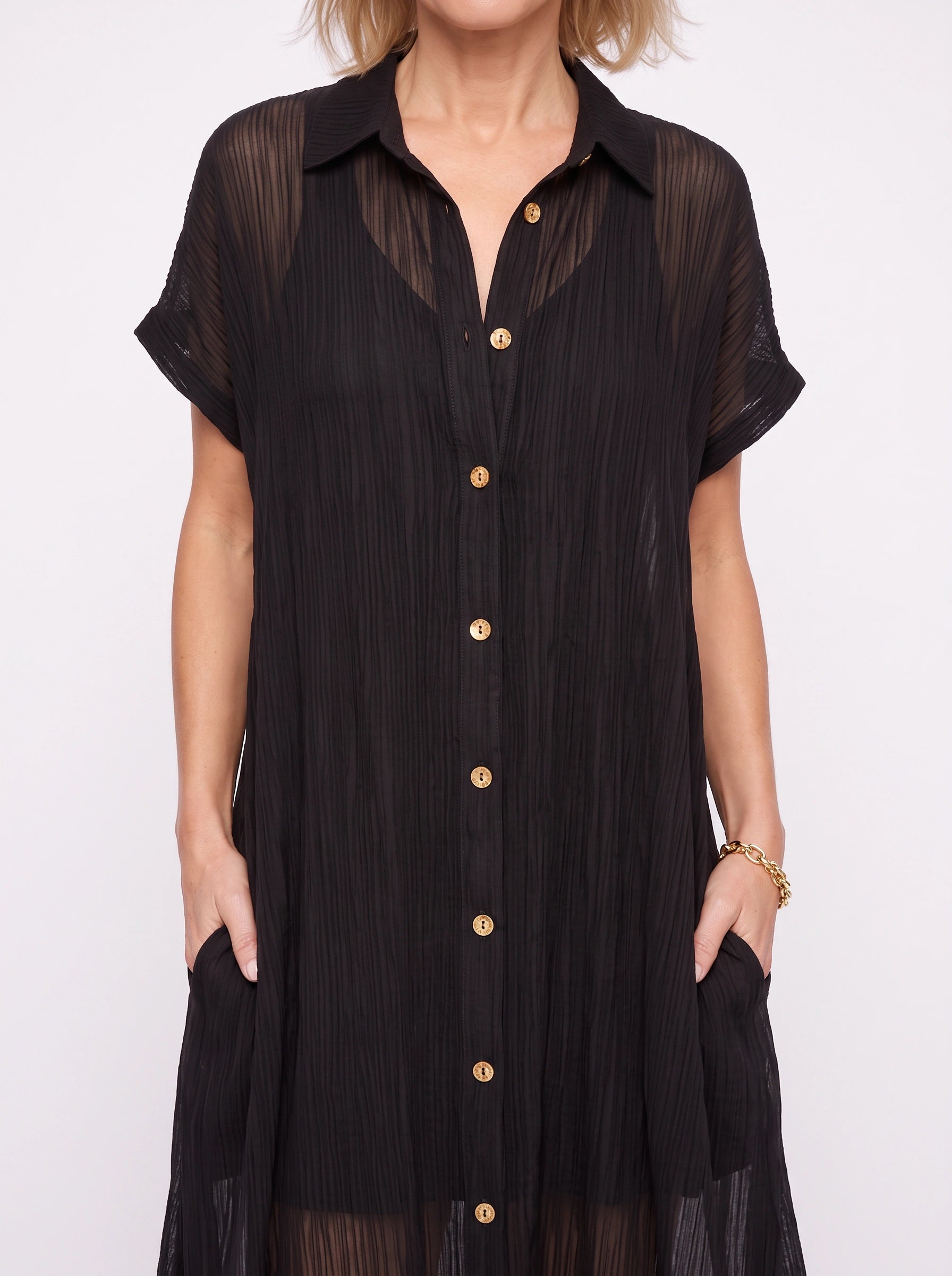 Ombrine Sheer Crinkle Shirt Maxi Dress – Button Front Maxi Dress Women Summer Beach Vacation Long Sleeve Maxi Dress