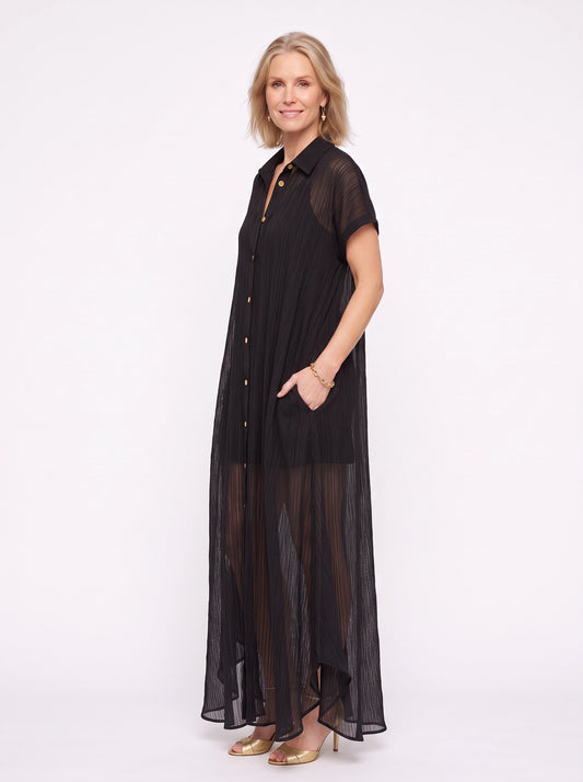 Ombrine Sheer Crinkle Shirt Maxi Dress – Button Front Maxi Dress Women Summer Beach Vacation Long Sleeve Maxi Dress