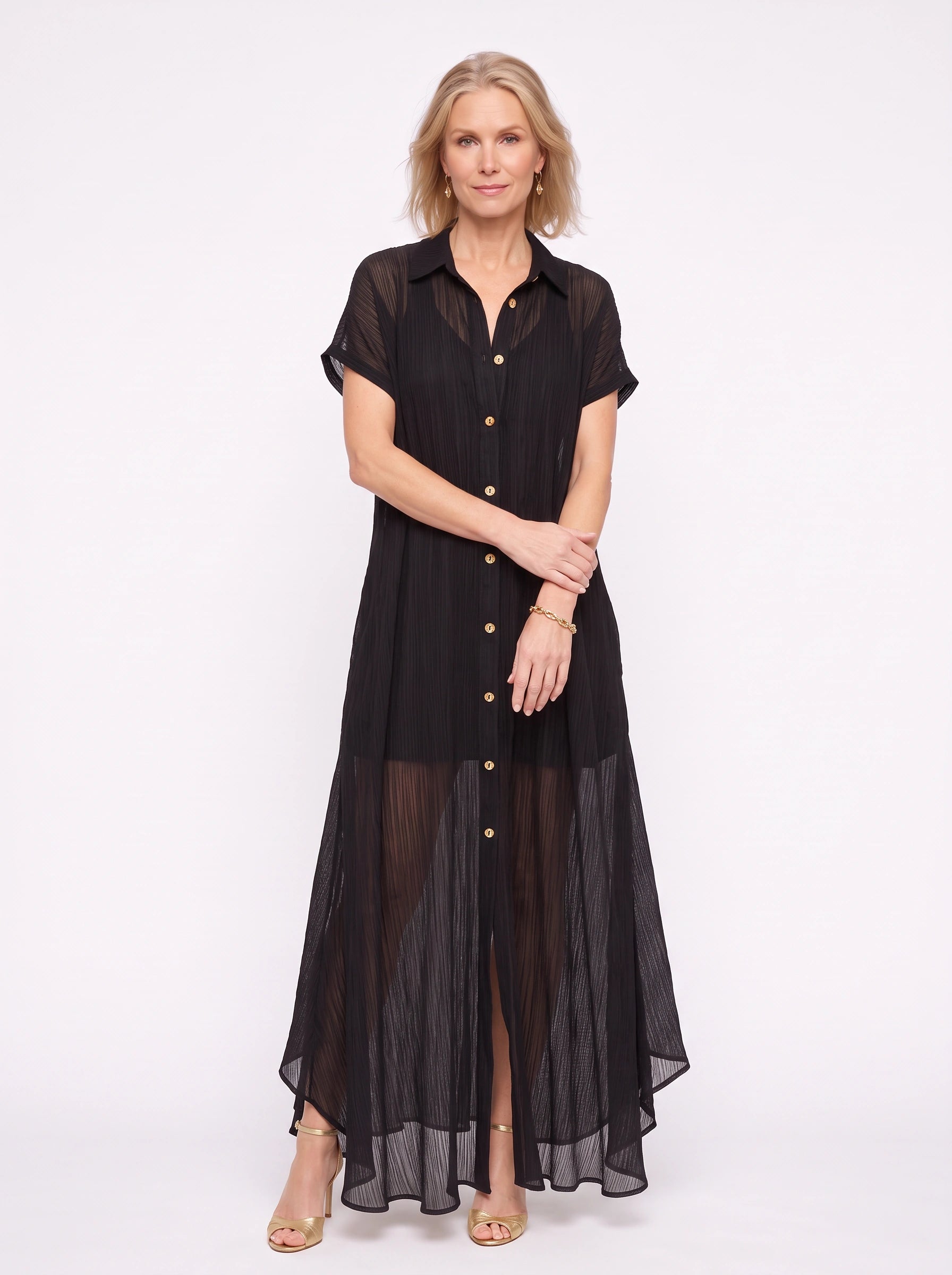 Ombrine Sheer Crinkle Shirt Maxi Dress – Button Front Maxi Dress Women Summer Beach Vacation Long Sleeve Maxi Dress