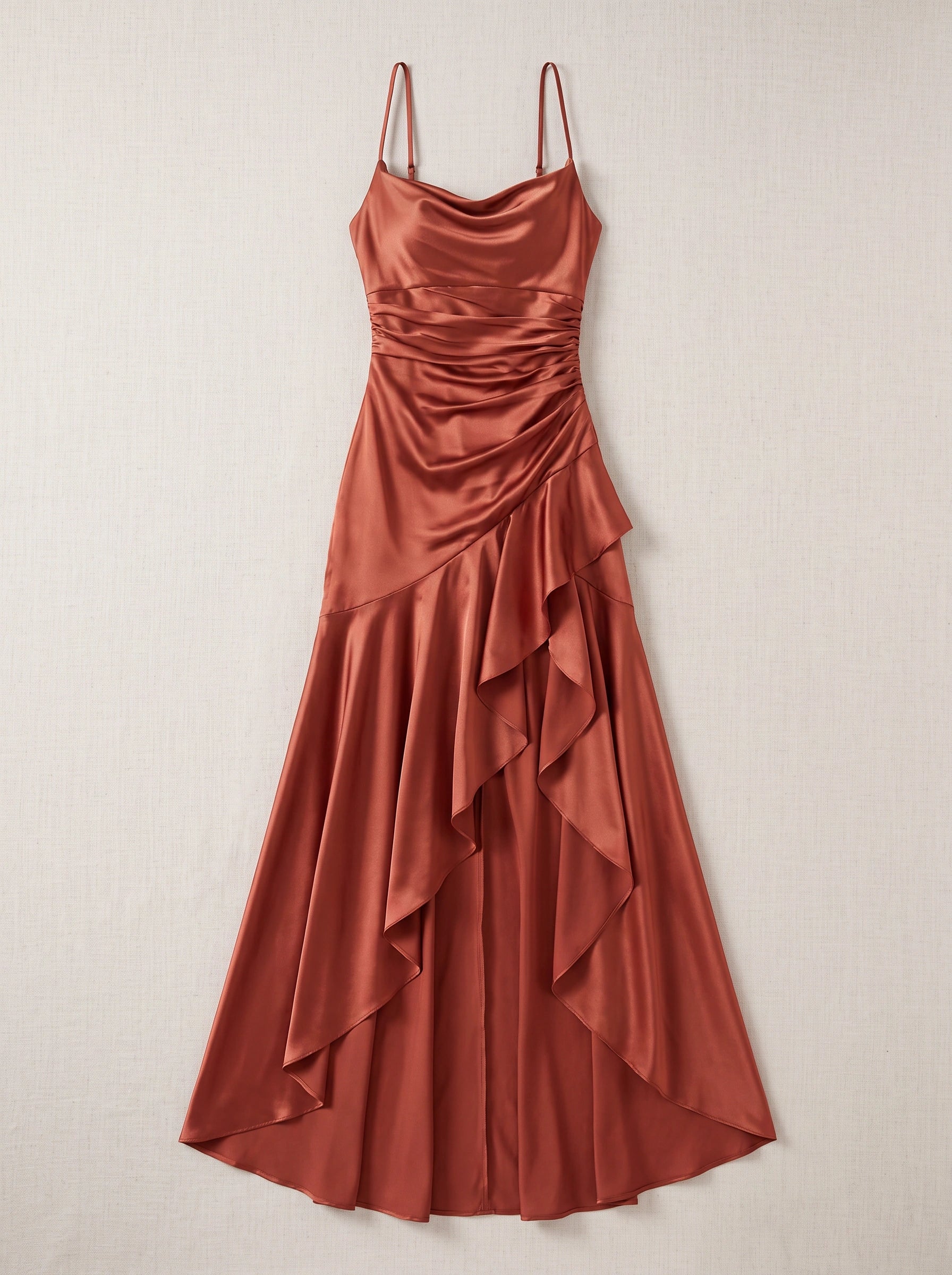 Cascadia Cowl Neck Ruched Maxi Dress – Satin High Slit Formal Wedding Guest Evening Women Maxi Dress