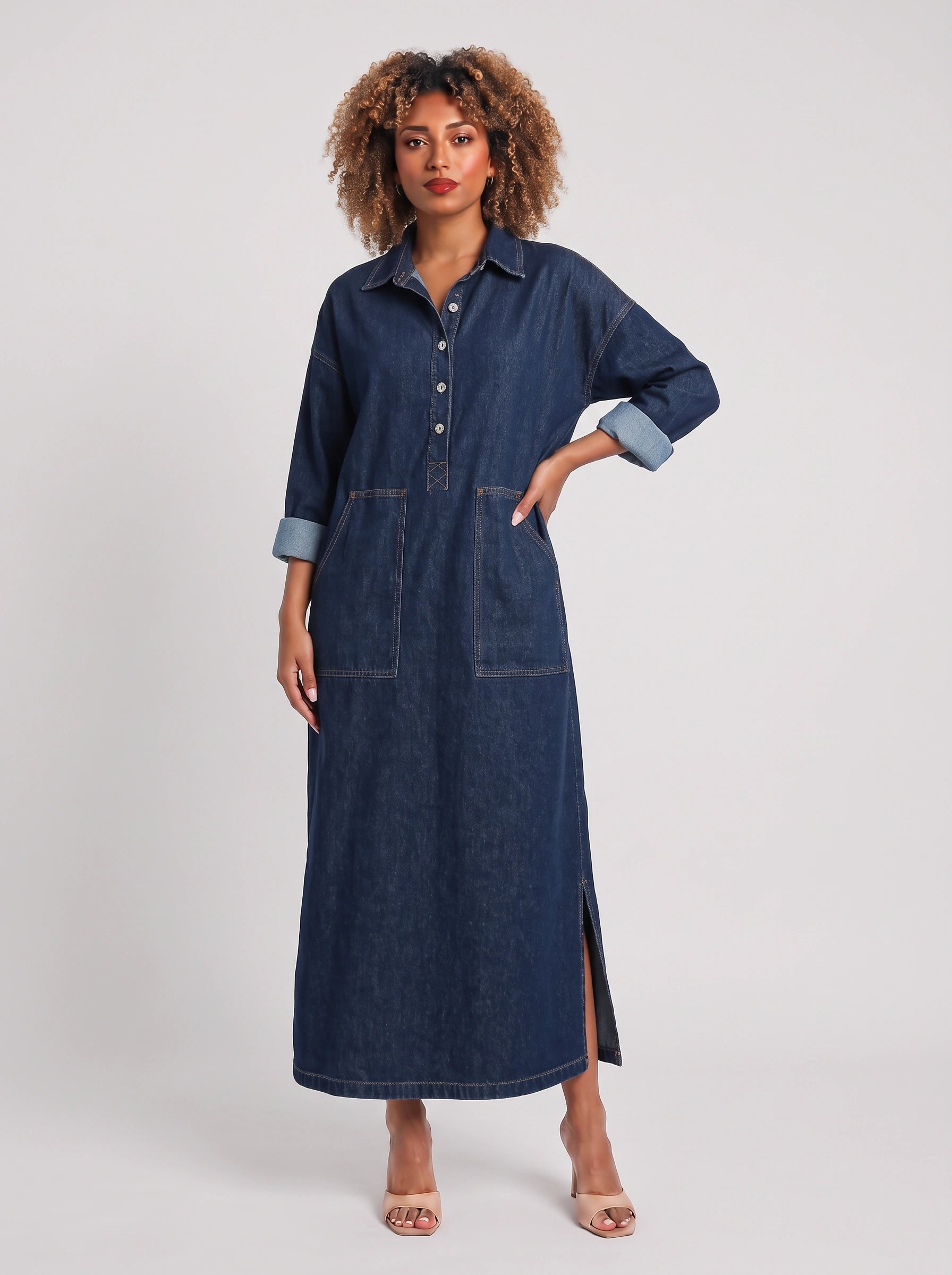 Dendura Shirt Maxi Dress – Denim Women Long Sleeve Button Down Casual Shirtdress Patch Pockets Maxi Dress