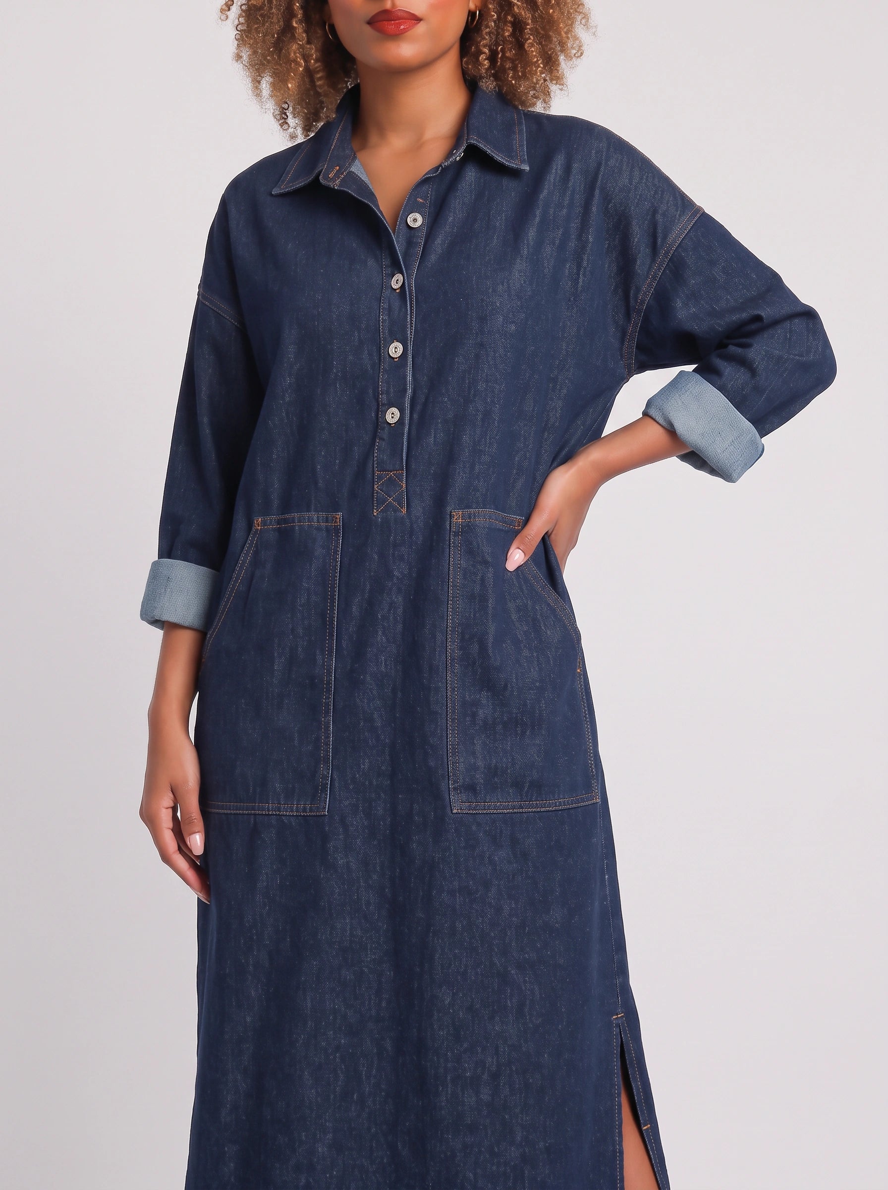 Dendura Shirt Maxi Dress – Denim Women Long Sleeve Button Down Casual Shirtdress Patch Pockets Maxi Dress