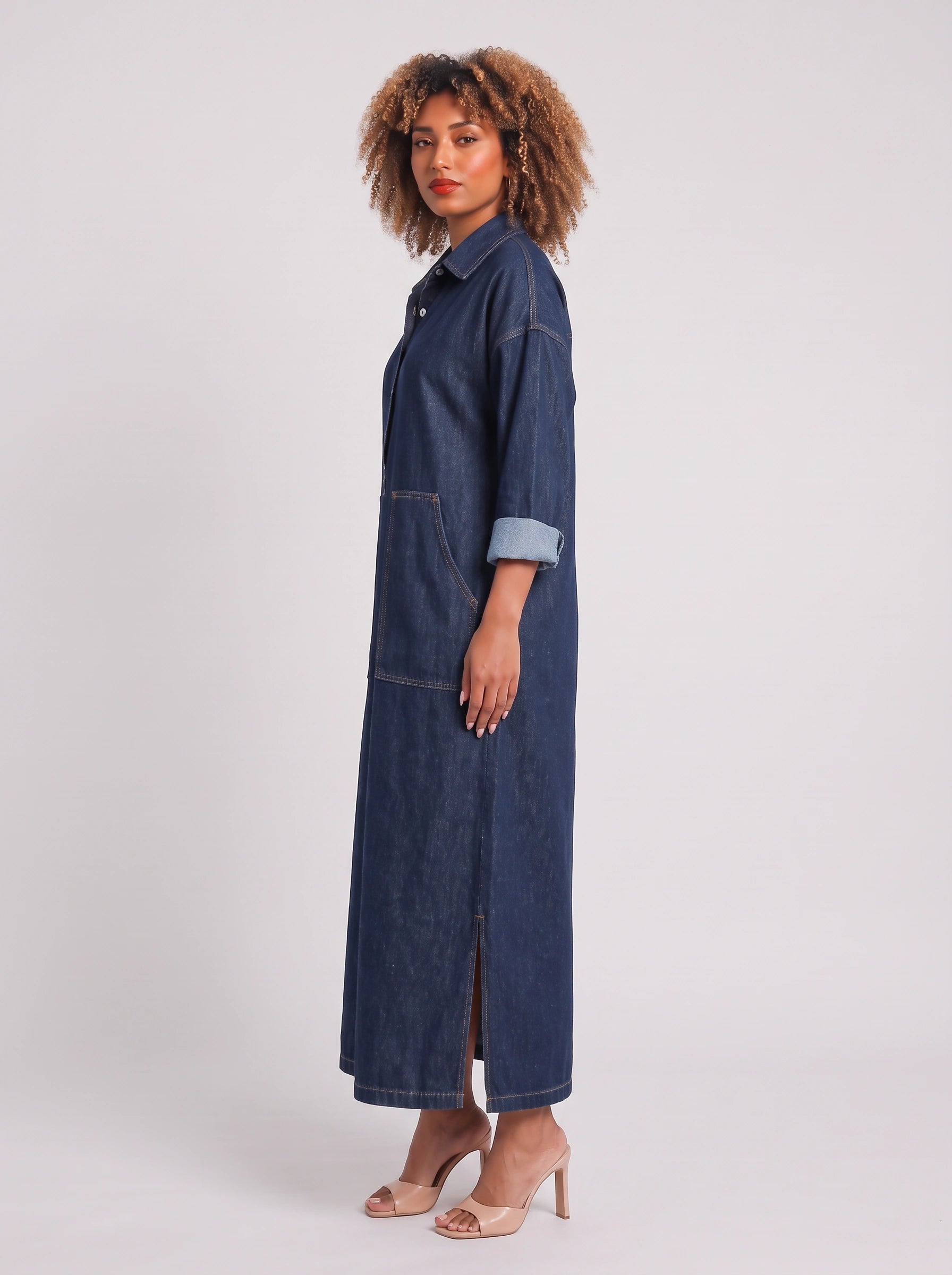 Dendura Shirt Maxi Dress – Denim Women Long Sleeve Button Down Casual Shirtdress Patch Pockets Maxi Dress