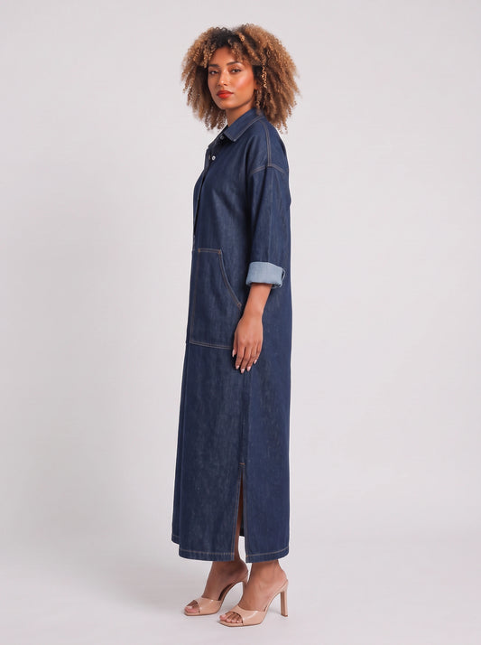 Dendura Shirt Maxi Dress – Denim Women Long Sleeve Button Down Casual Shirtdress Patch Pockets Maxi Dress
