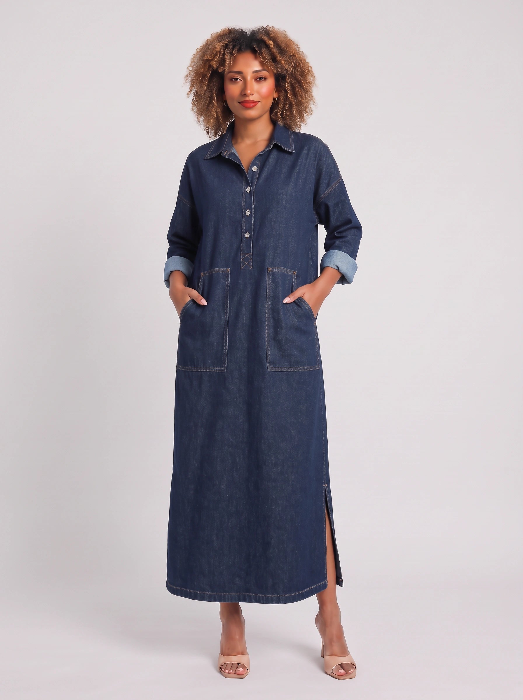 Dendura Shirt Maxi Dress – Denim Women Long Sleeve Button Down Casual Shirtdress Patch Pockets Maxi Dress