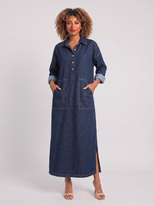 Dendura Shirt Maxi Dress – Denim Women Long Sleeve Button Down Casual Shirtdress Patch Pockets Maxi Dress