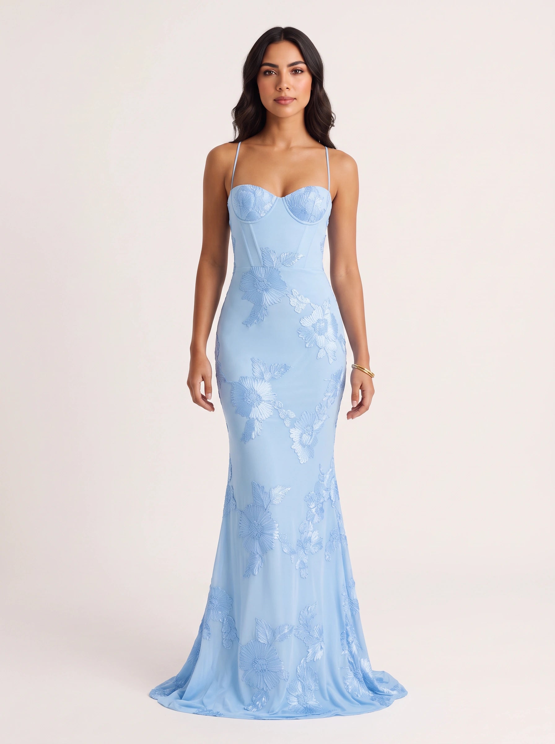 Robe longue corsetée brodée Floryn - Robe de soirée sirène fleurie, élégante, pour femme invitée à un mariage