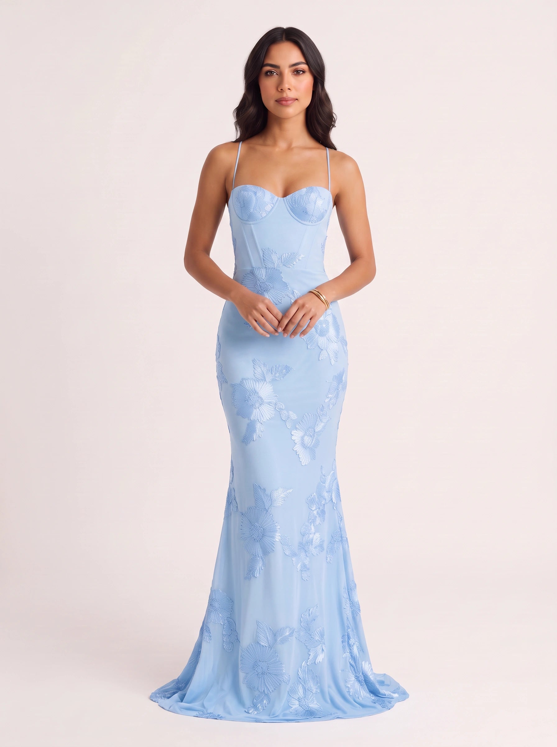 Robe longue corsetée brodée Floryn - Robe de soirée sirène fleurie, élégante, pour femme invitée à un mariage