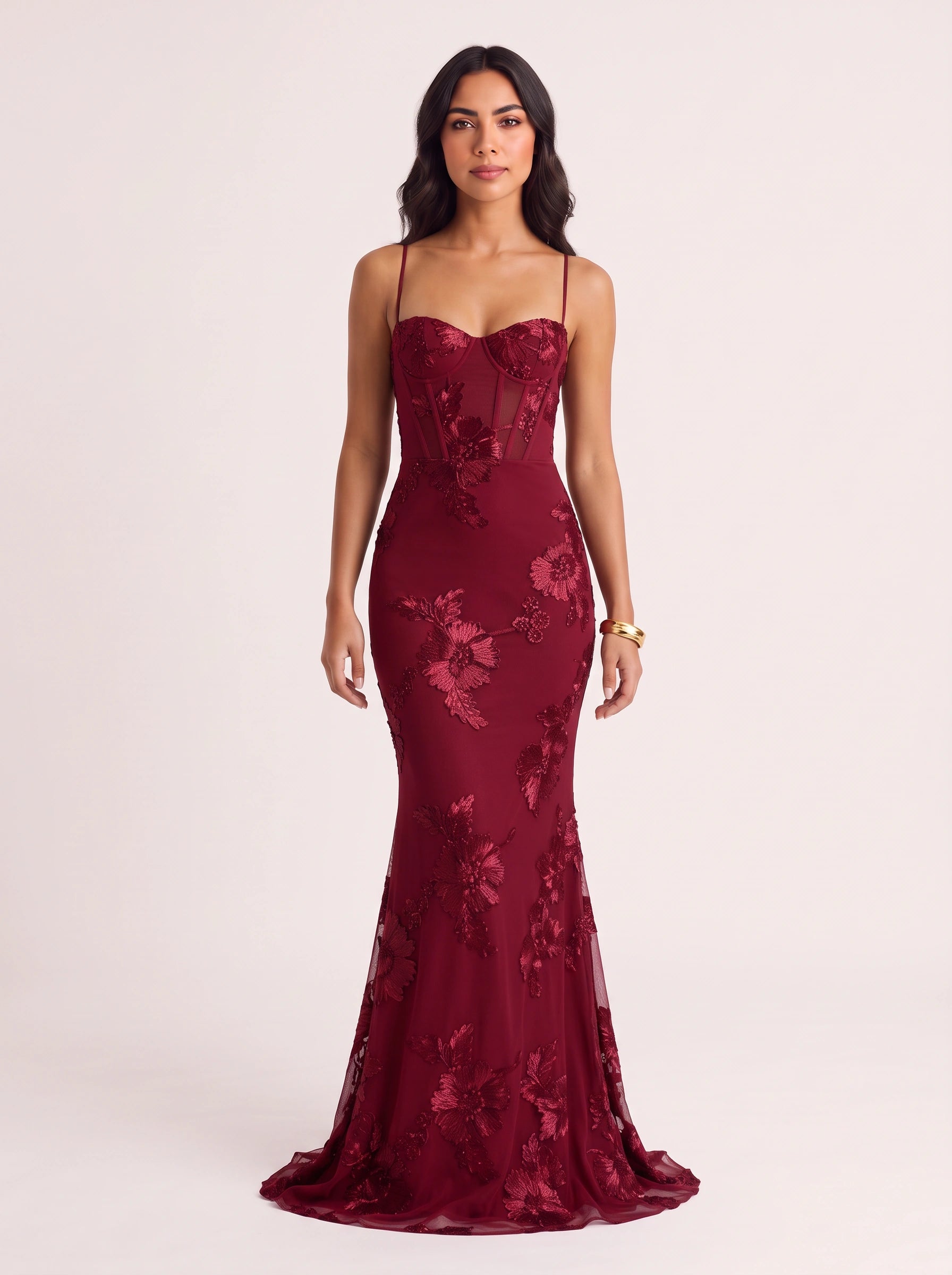 Robe longue corsetée brodée Floryn - Robe de soirée sirène fleurie, élégante, pour femme invitée à un mariage