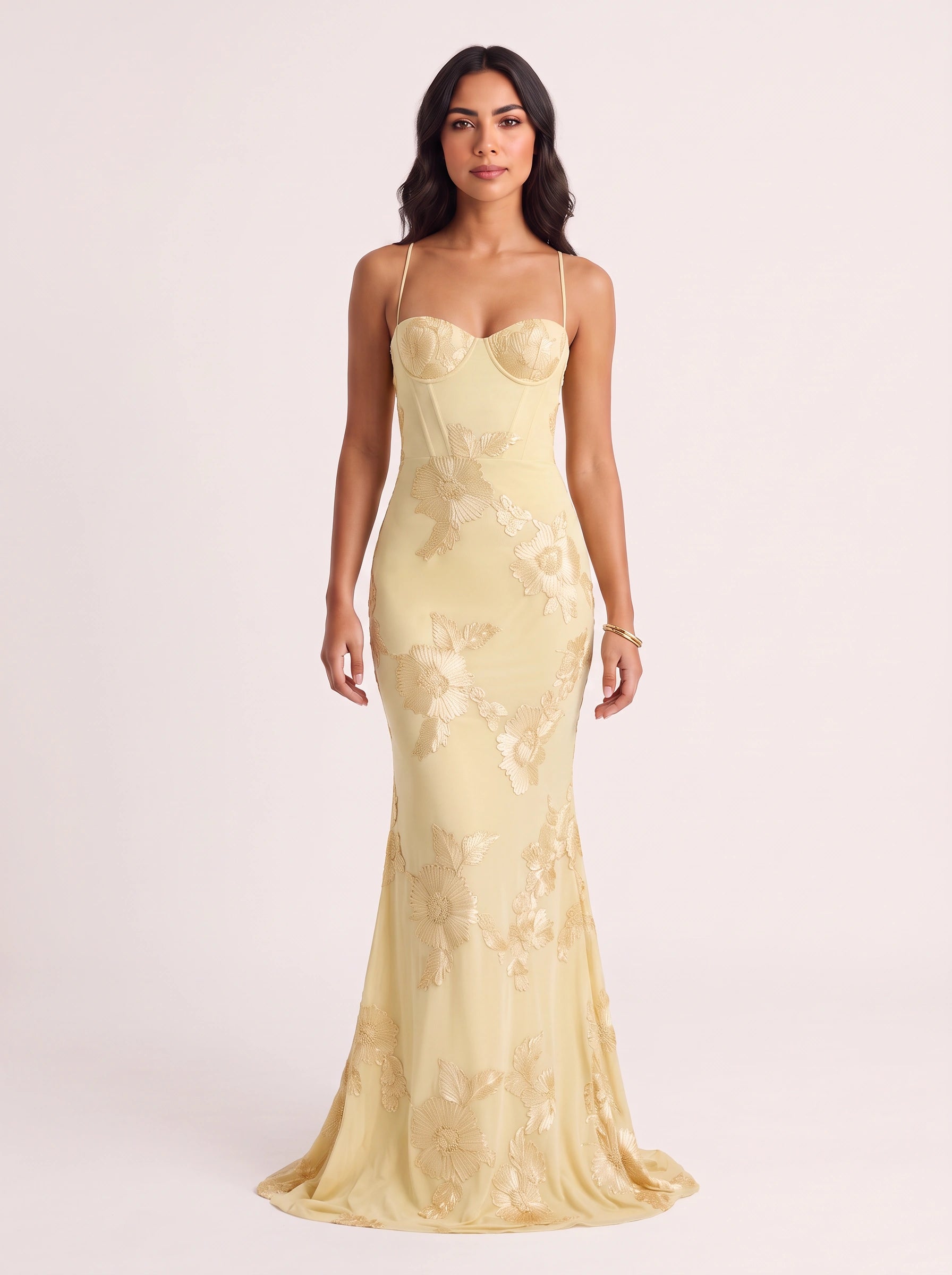 Robe longue corsetée brodée Floryn - Robe de soirée sirène fleurie, élégante, pour femme invitée à un mariage