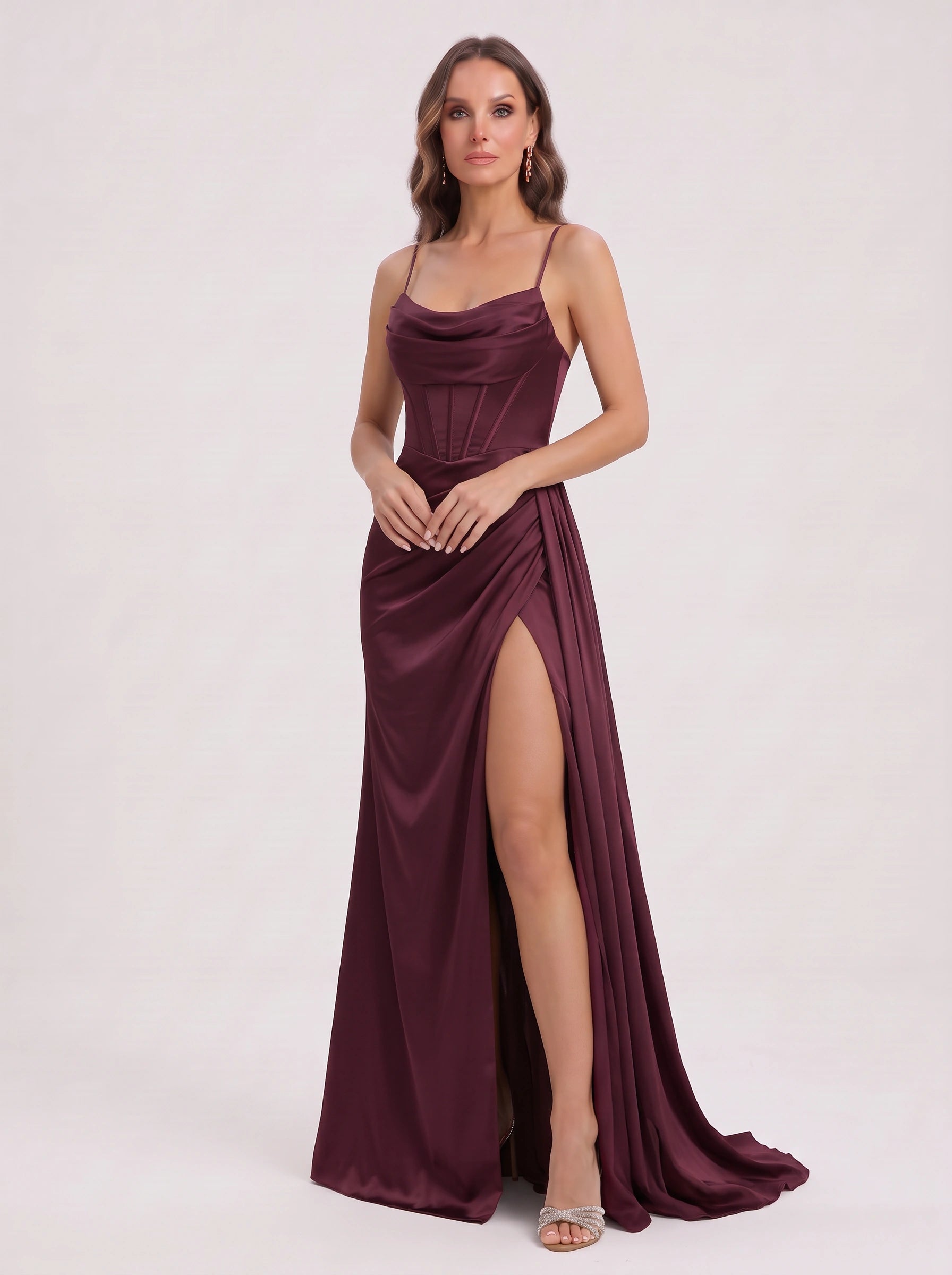 Drapcourt Cowl Neck Slit Maxi Dress – Satin Formal Wedding Guest Cocktail Evening Women Maxi Dress