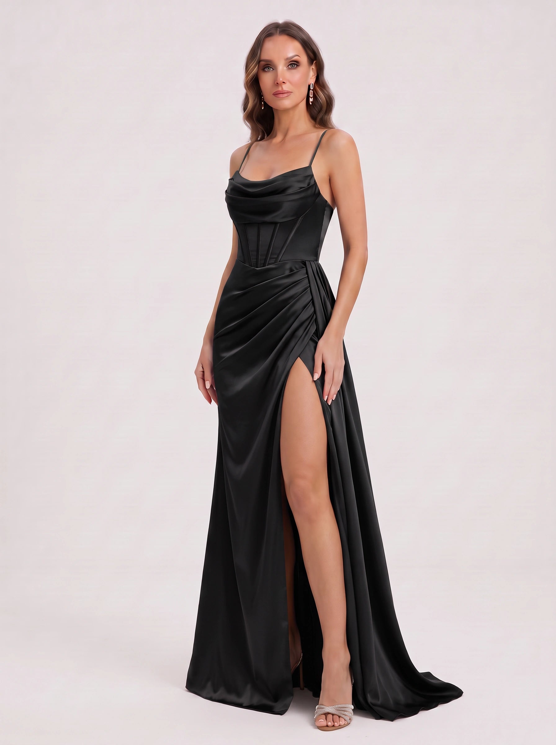 Drapcourt Cowl Neck Slit Maxi Dress – Satin Formal Wedding Guest Cocktail Evening Women Maxi Dress
