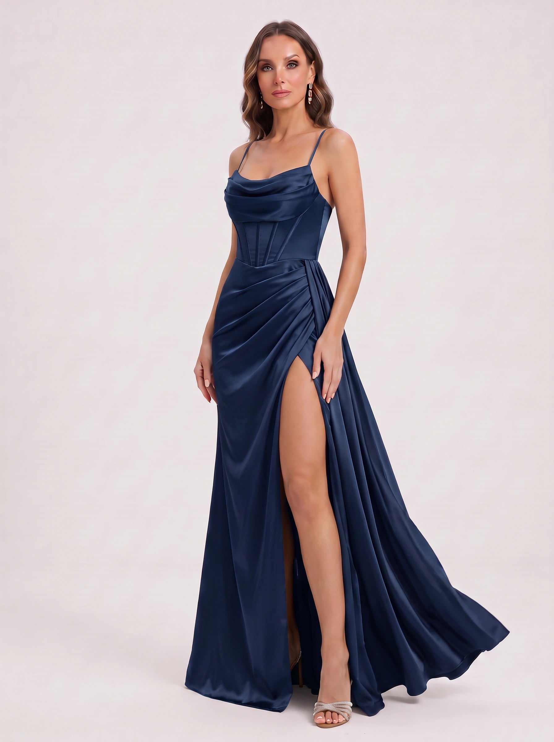 Drapcourt Cowl Neck Slit Maxi Dress – Satin Formal Wedding Guest Cocktail Evening Women Maxi Dress