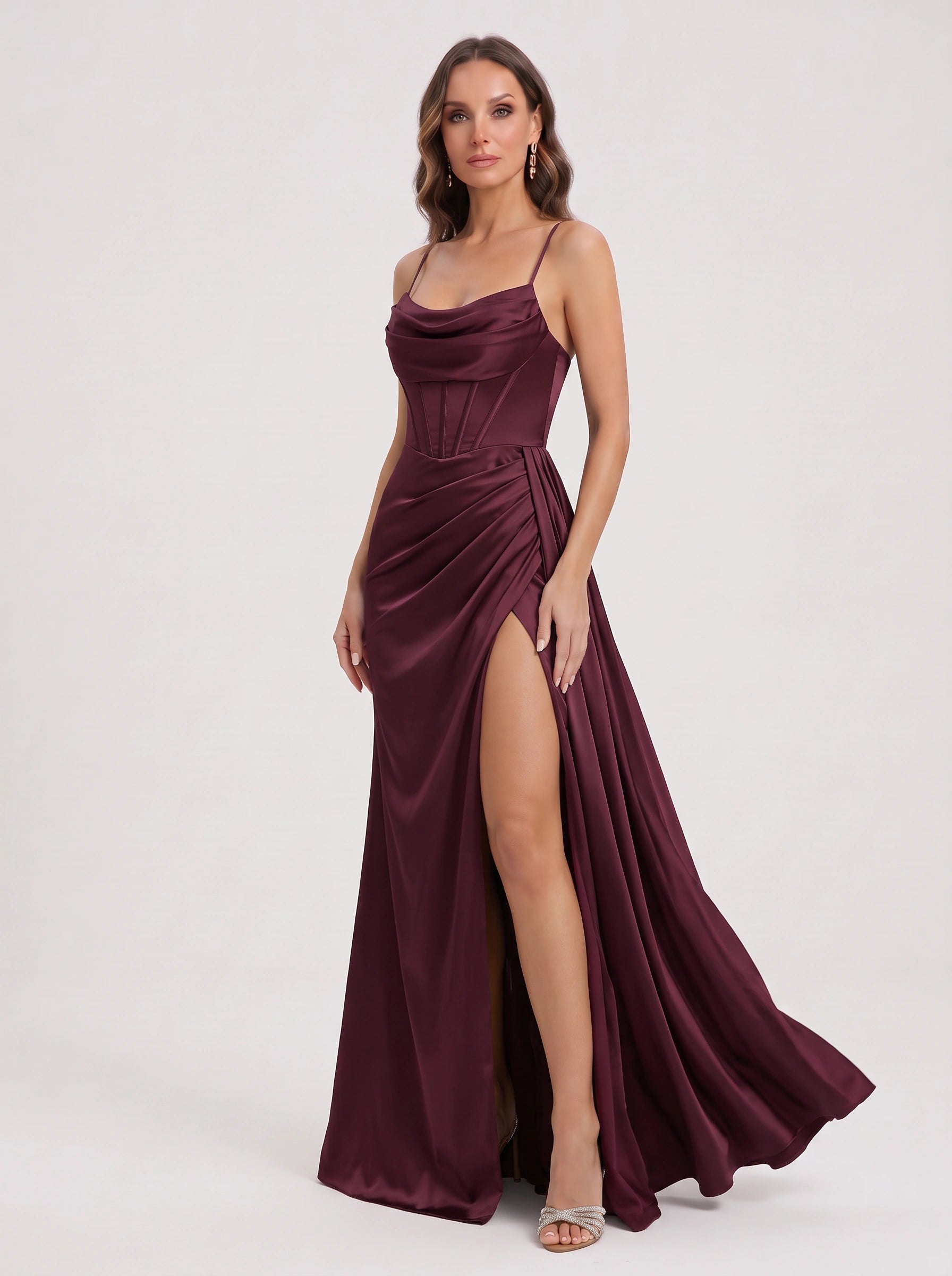 Drapcourt Cowl Neck Slit Maxi Dress – Satin Formal Wedding Guest Cocktail Evening Women Maxi Dress