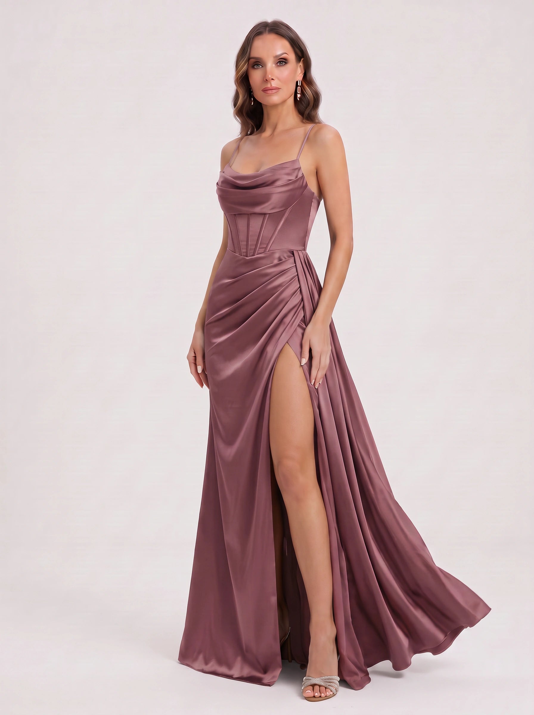 Drapcourt Cowl Neck Slit Maxi Dress – Satin Formal Wedding Guest Cocktail Evening Women Maxi Dress