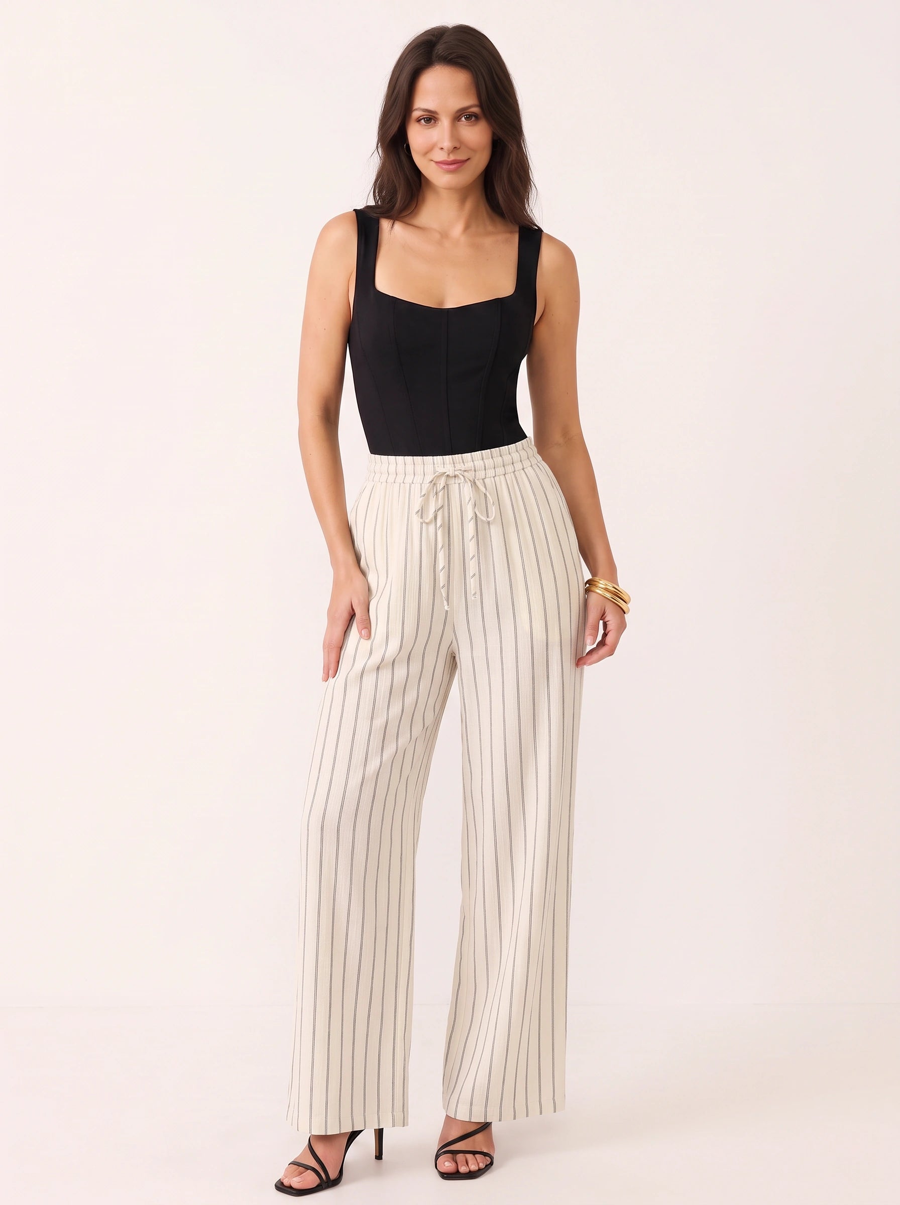 Rigante Striped Wide-Leg Drawstring Pants – Palazzo Pants Women Linen Summer High-Waist Casual Trouser