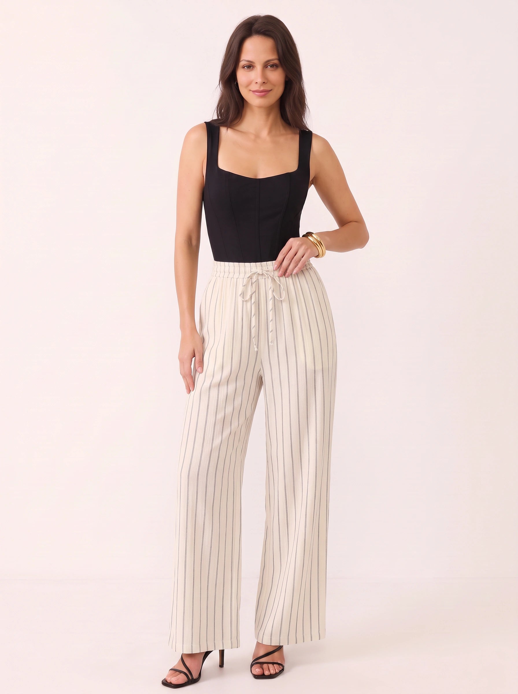 Rigante Striped Wide-Leg Drawstring Pants – Palazzo Pants Women Linen Summer High-Waist Casual Trouser