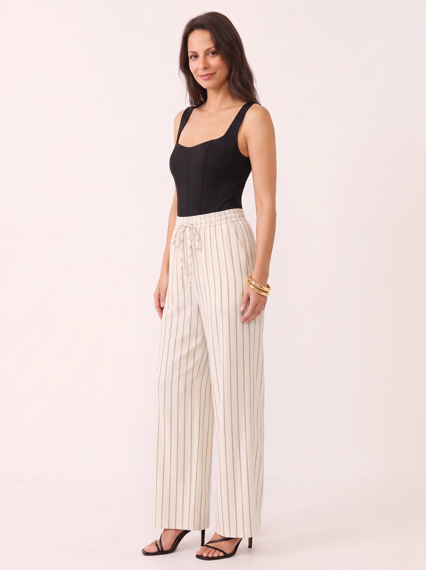 Rigante Striped Wide-Leg Drawstring Pants – Palazzo Pants Women Linen Summer High-Waist Casual Trouser