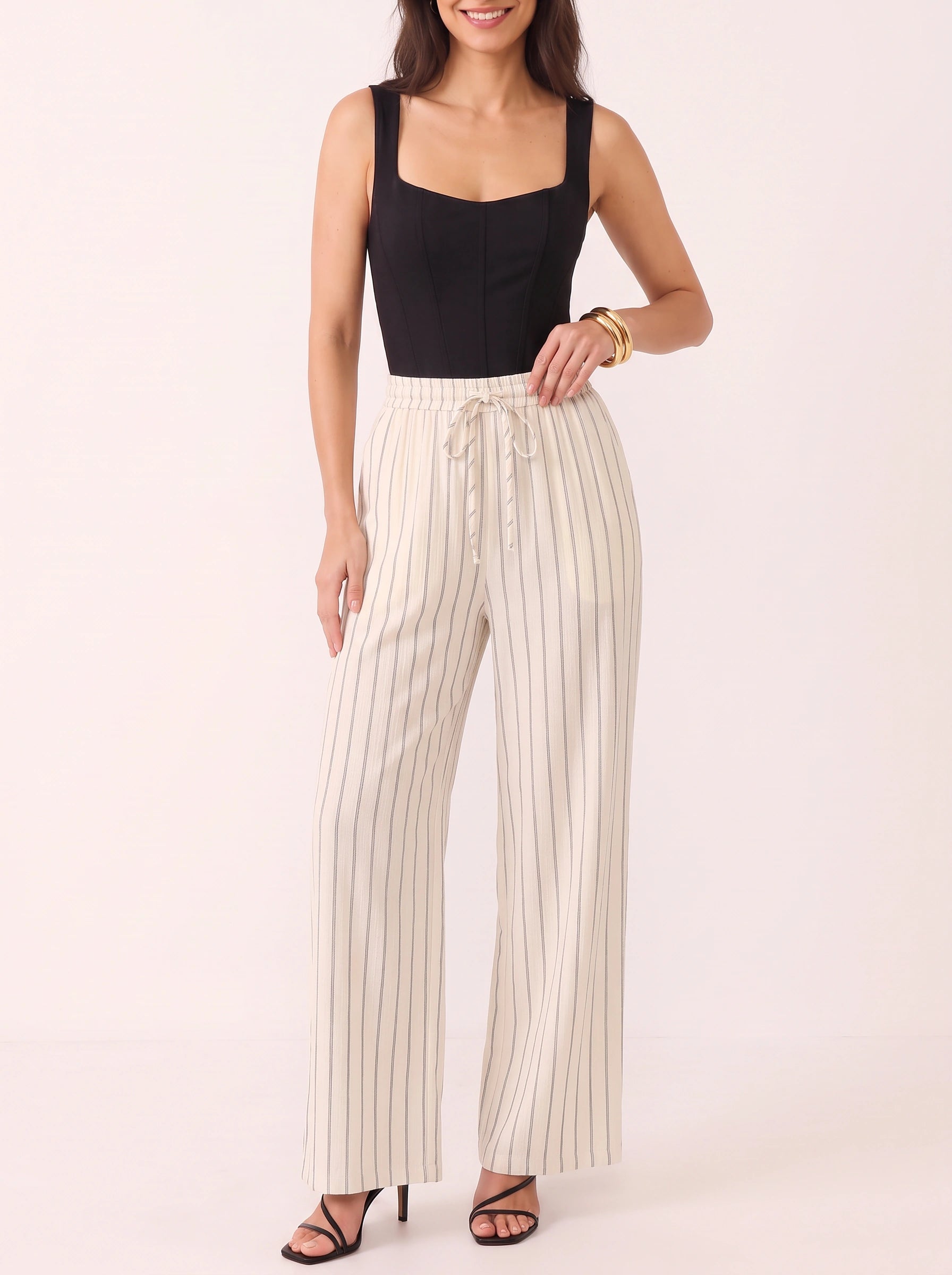 Rigante Striped Wide-Leg Drawstring Pants – Palazzo Pants Women Linen Summer High-Waist Casual Trouser
