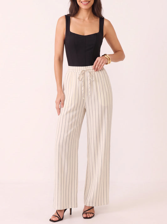 Pantalon large à jambes larges et cordon à rayures Rigante - Pantalon palazzo pour femme en lin d'été, taille haute et coupe décontractée