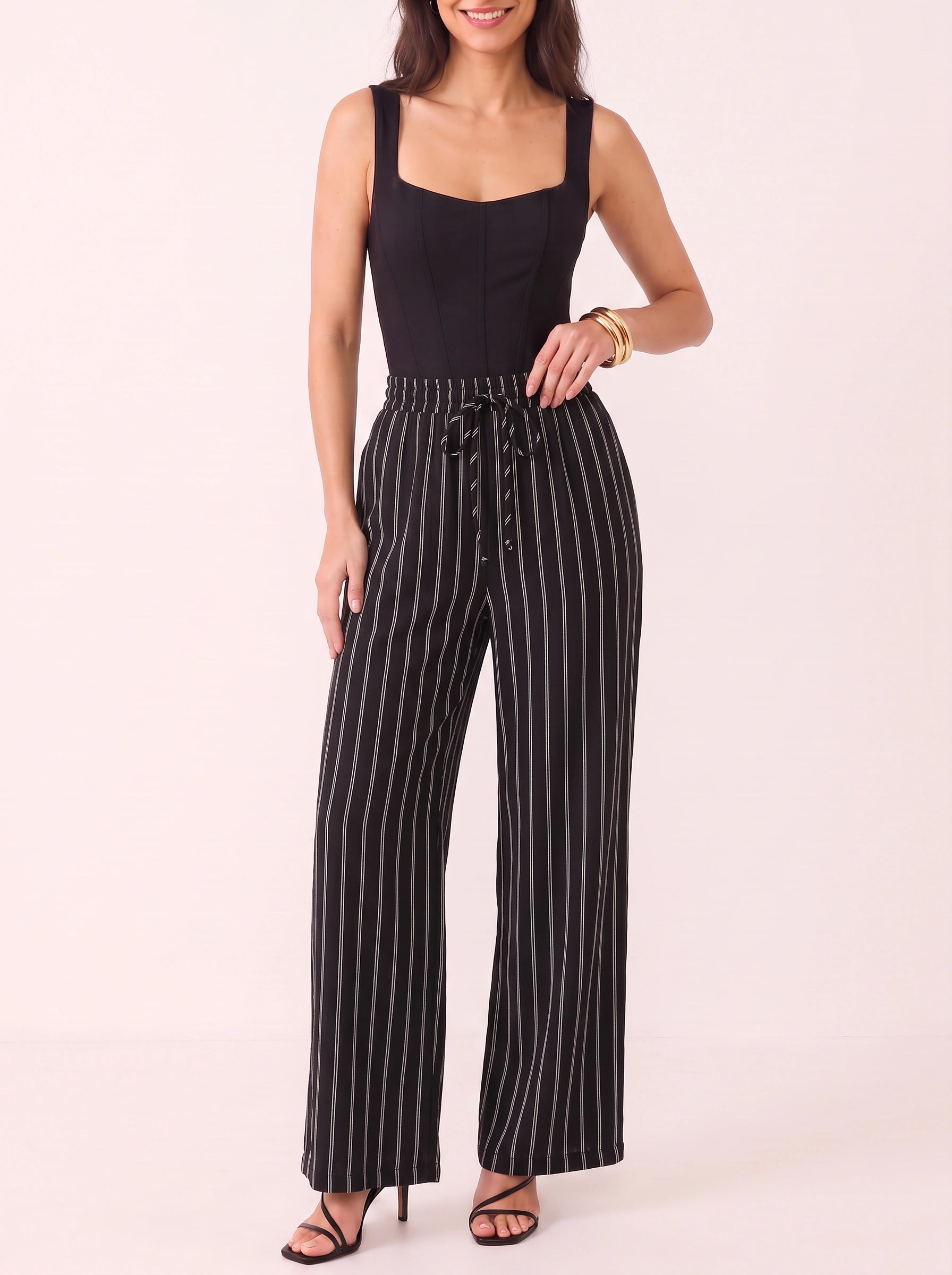 Rigante Striped Wide-Leg Drawstring Pants – Palazzo Pants Women Linen Summer High-Waist Casual Trouser