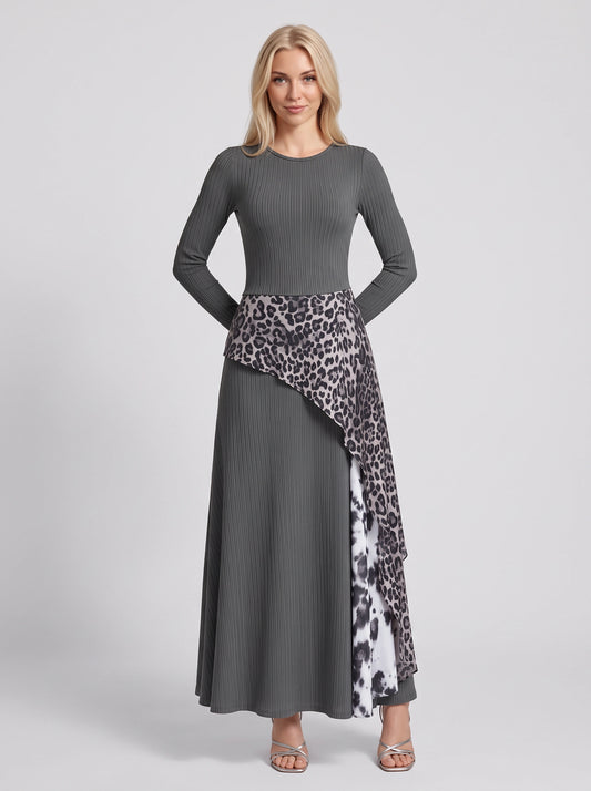 Robe longue côtelée à empiècements contrastants Ribflow - Robe longue à manches longues pour femme, tenue de soirée formelle, cocktail, style bohème