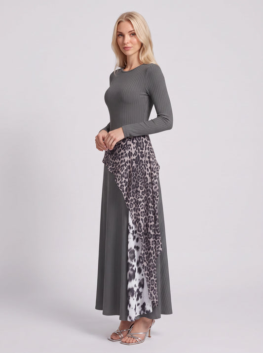 Robe longue côtelée à empiècements contrastants Ribflow - Robe longue à manches longues pour femme, tenue de soirée formelle, cocktail, style bohème