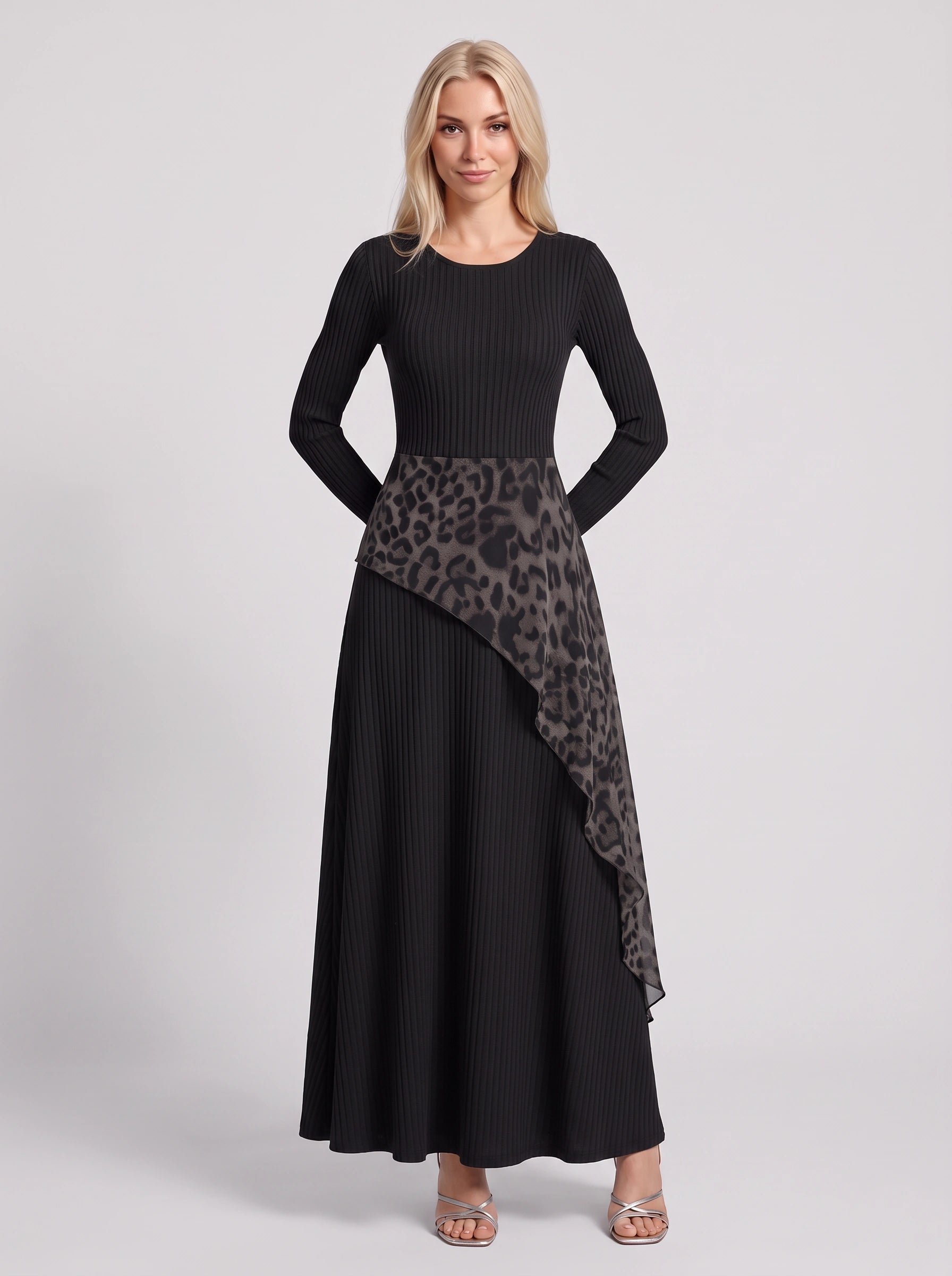 Ribflow Ribbed Contrast Panel Maxi Dress – Long Sleeve Maxi Dress Women Formal Cocktail Evening Boho