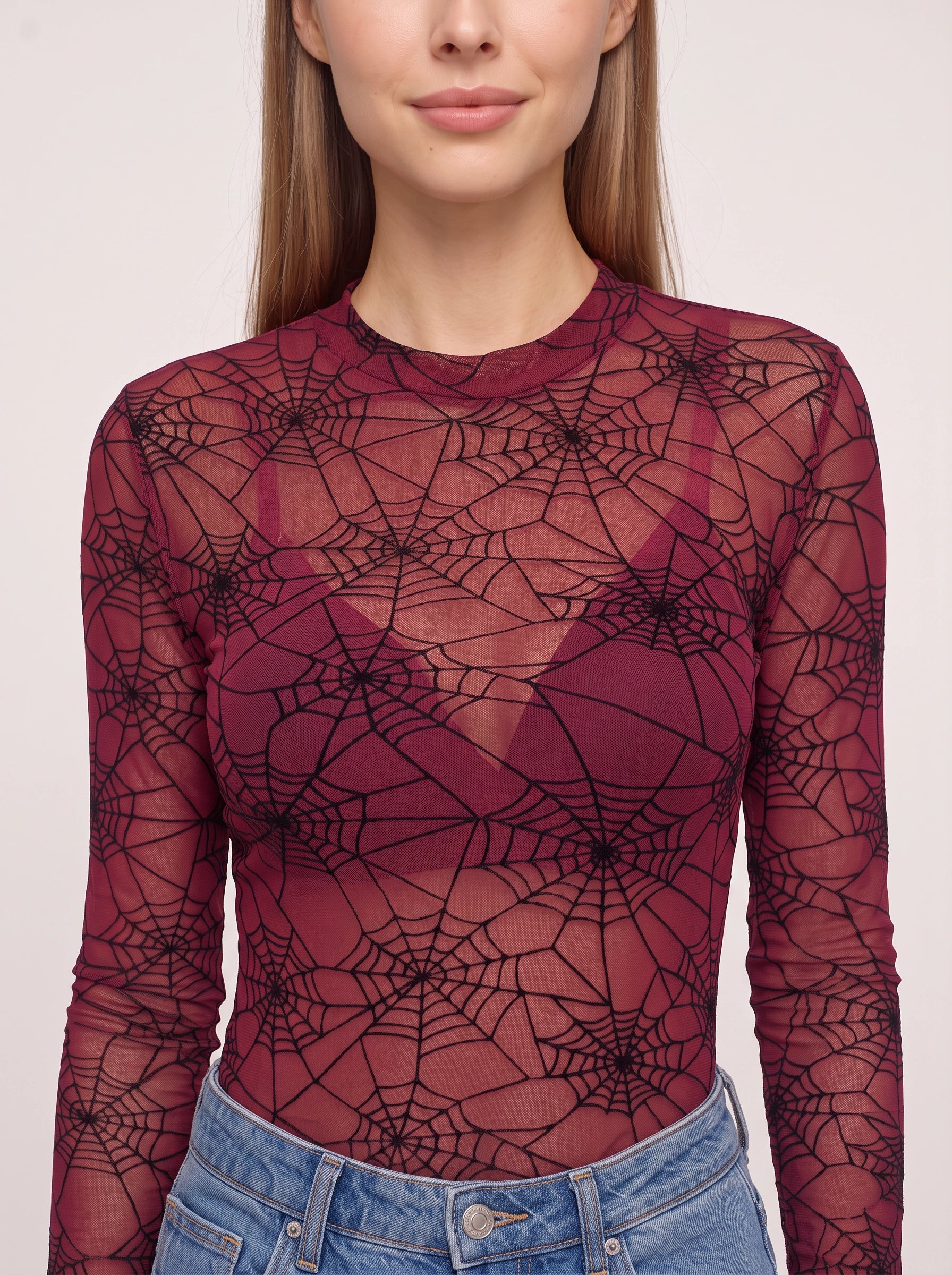Webtrix Spider Web Print Mesh Top – Long Sleeve Sheer Women Gothic Y2K Party Halloween Crew Neck Top