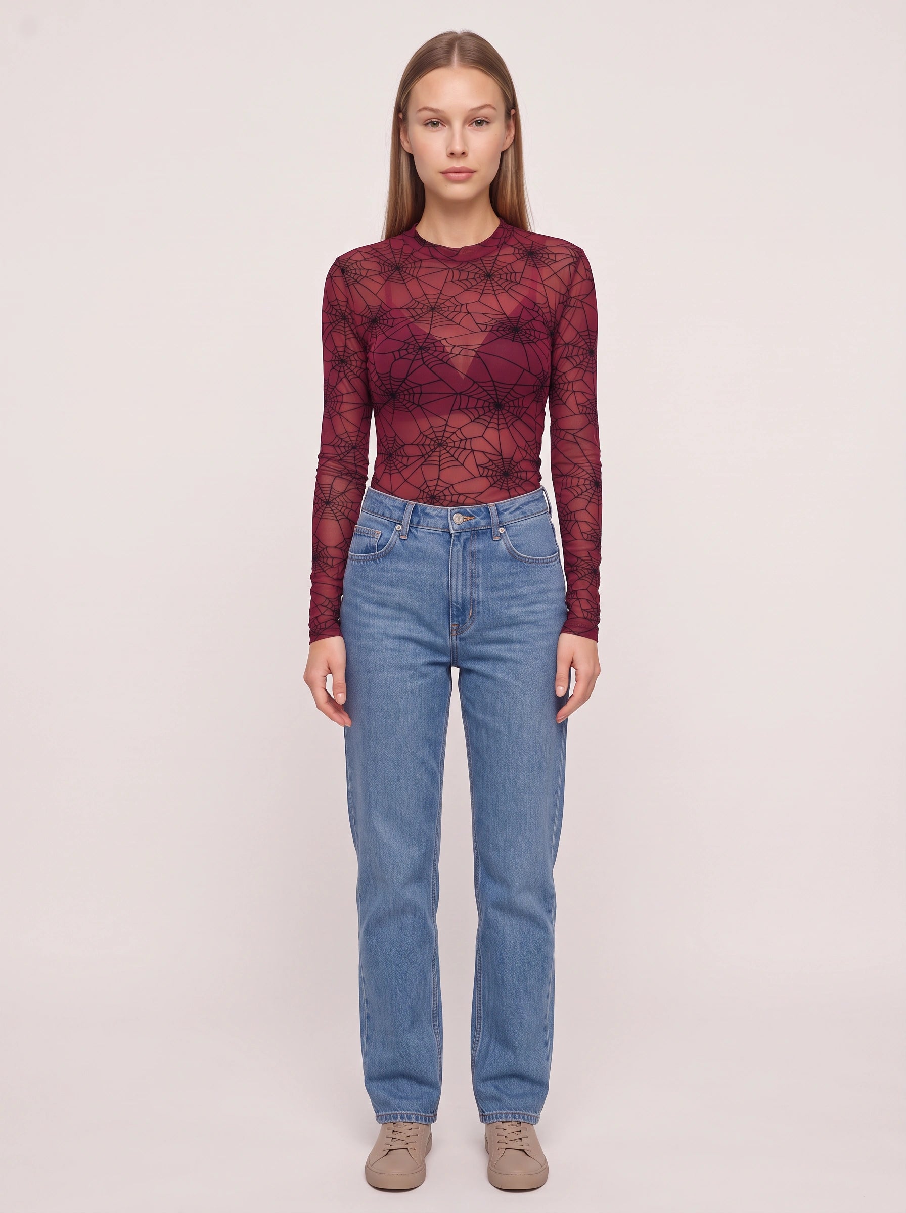 Webtrix Spider Web Print Mesh Top – Long Sleeve Sheer Women Gothic Y2K Party Halloween Crew Neck Top