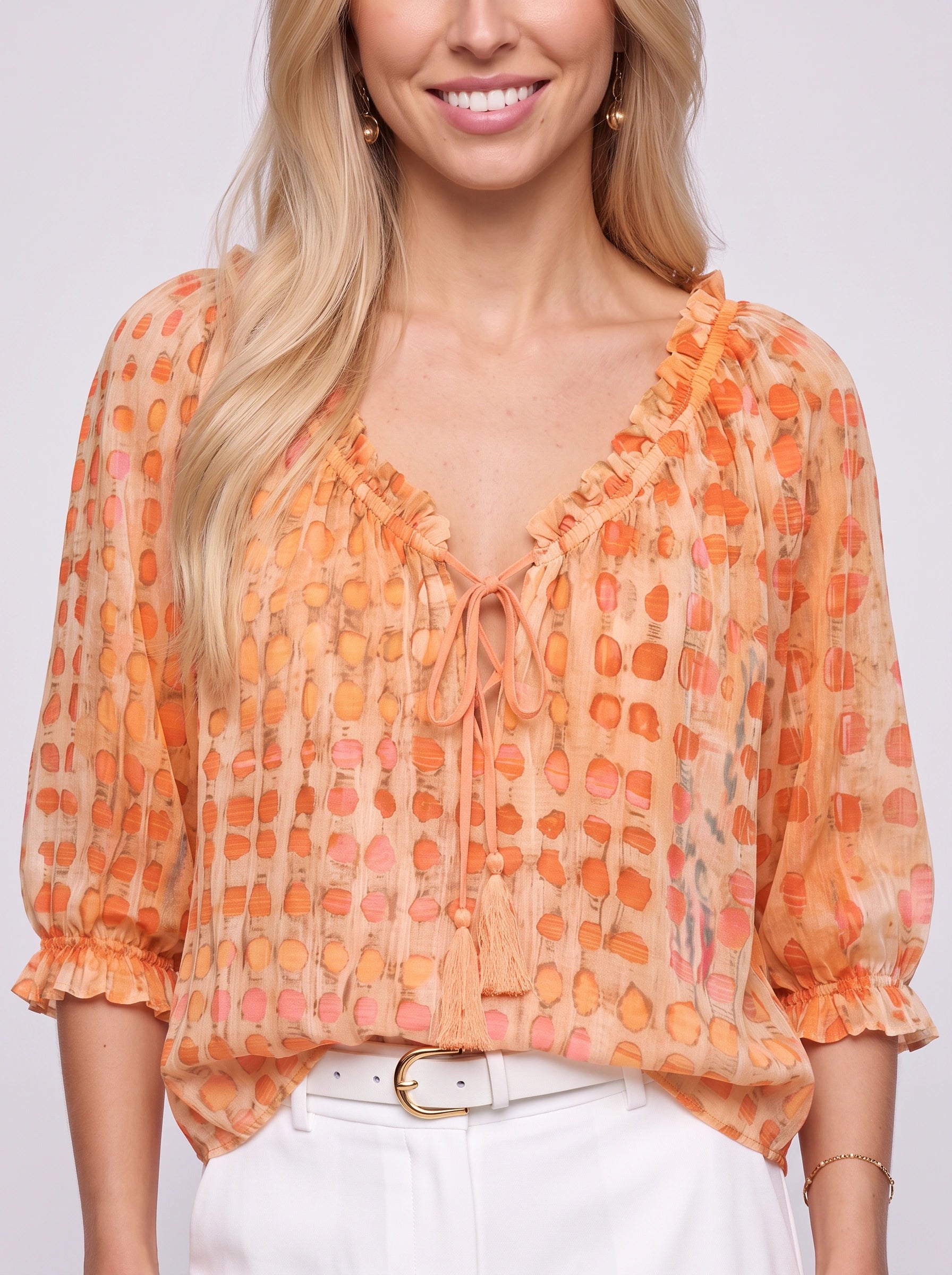 Pintalla Printed Ruffle Neck Peasant Blouse – Women Boho Fall Casual Smocked Puff Sleeve Top