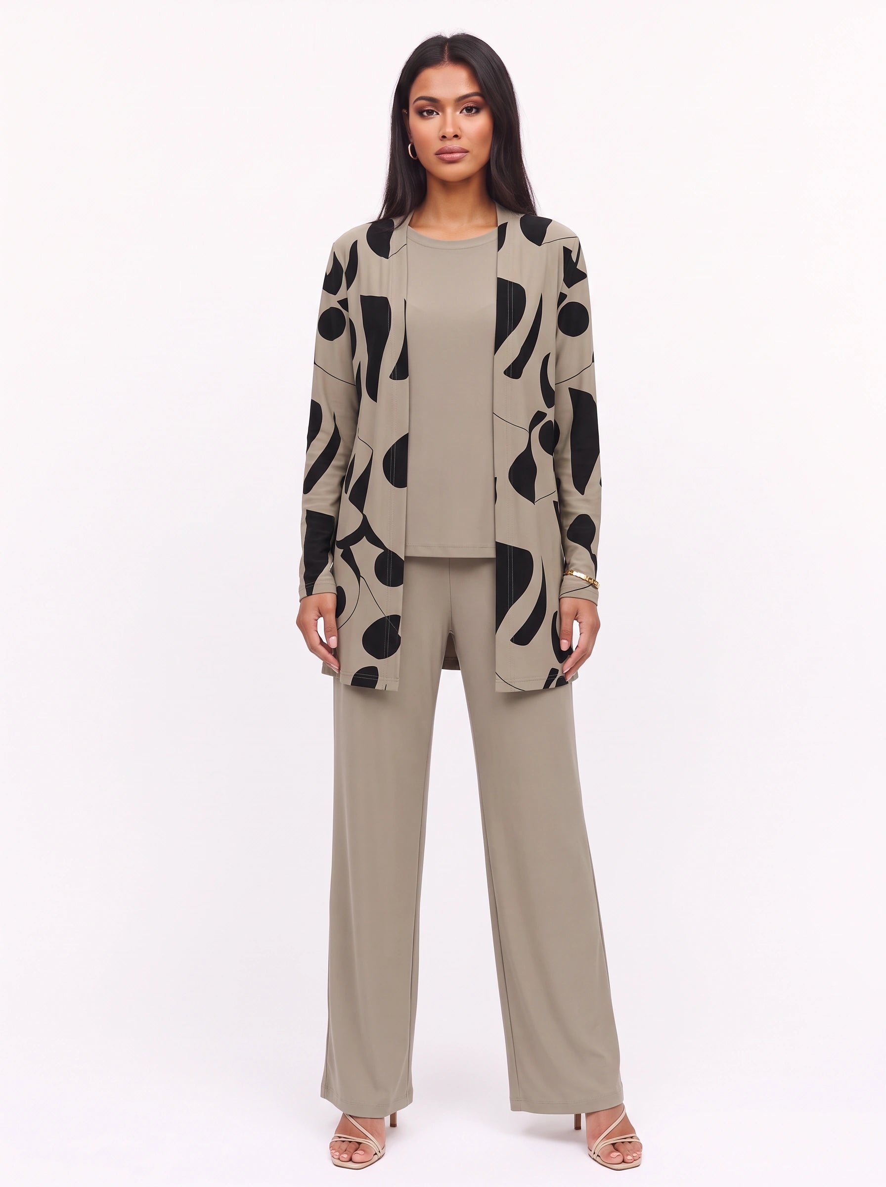 Ondara Abstract Print Longline Cardigan Three-Piece Lounge Set – Women Casual Relaxed Wide-Leg Pants Outfit