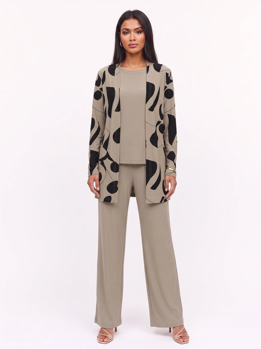 Ondara Abstract Print Longline Cardigan Three-Piece Lounge Set – Women Casual Relaxed Wide-Leg Pants Outfit