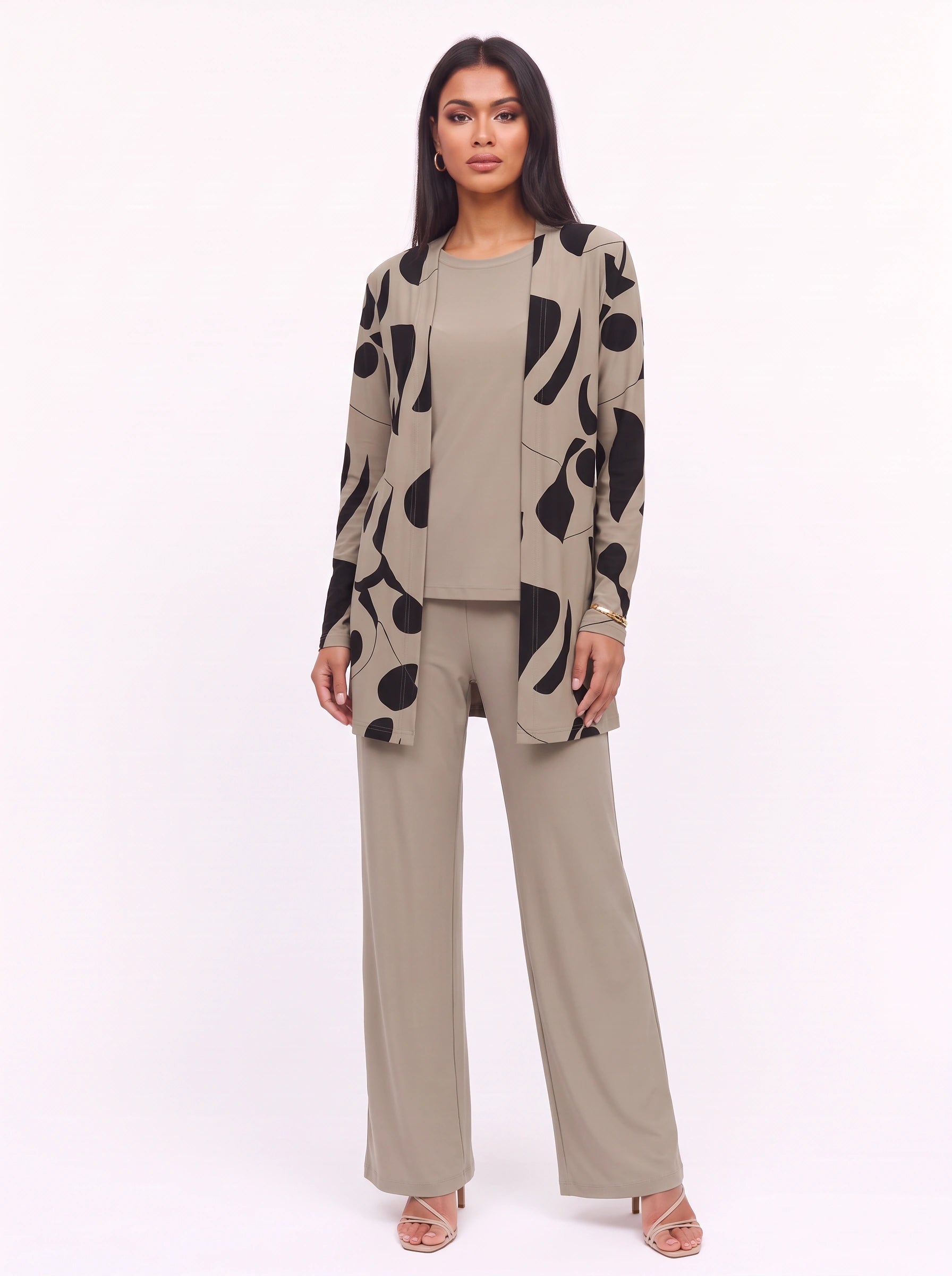 Ondara Abstract Print Longline Cardigan Three-Piece Lounge Set – Women Casual Relaxed Wide-Leg Pants Outfit