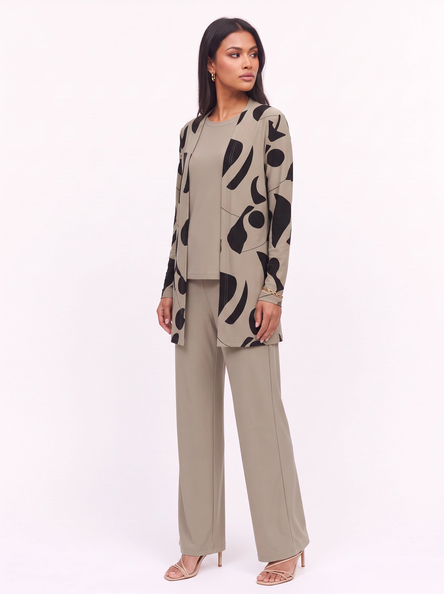 Ondara Abstract Print Longline Cardigan Three-Piece Lounge Set – Women Casual Relaxed Wide-Leg Pants Outfit