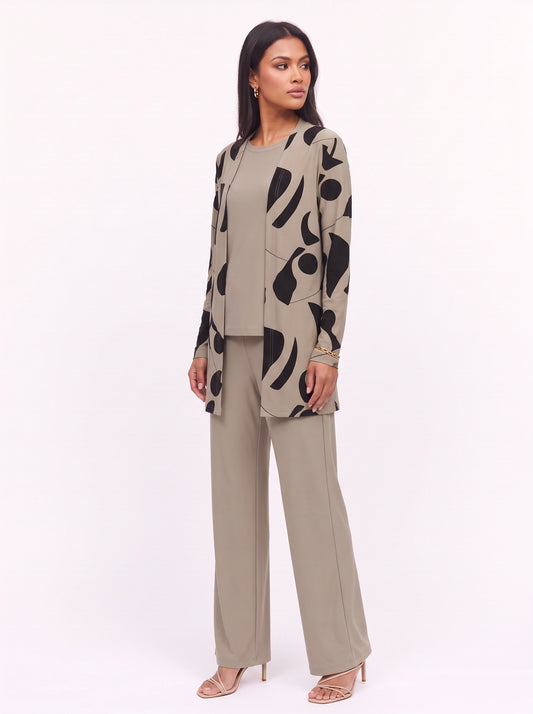 Ondara Abstract Print Longline Cardigan Three-Piece Lounge Set – Women Casual Relaxed Wide-Leg Pants Outfit