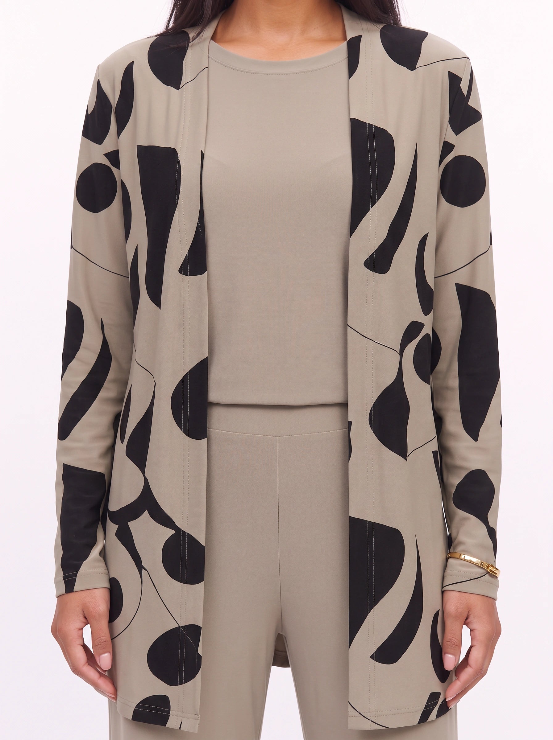 Ondara Abstract Print Longline Cardigan Three-Piece Lounge Set – Women Casual Relaxed Wide-Leg Pants Outfit