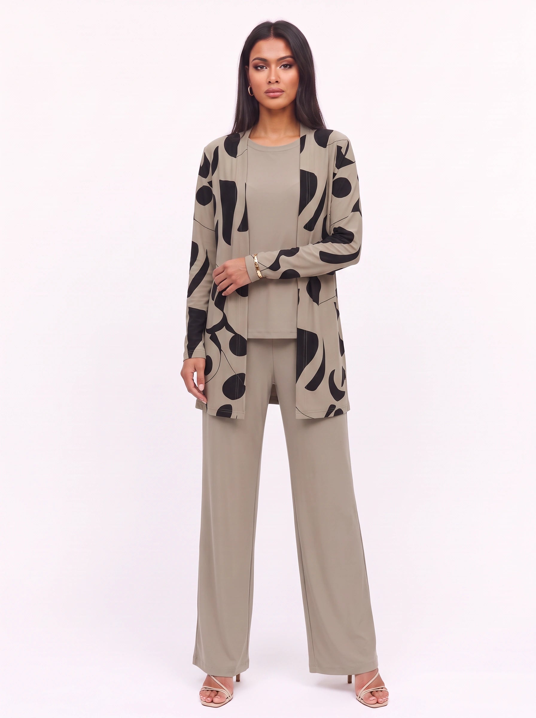 Ondara Abstract Print Longline Cardigan Three-Piece Lounge Set – Women Casual Relaxed Wide-Leg Pants Outfit