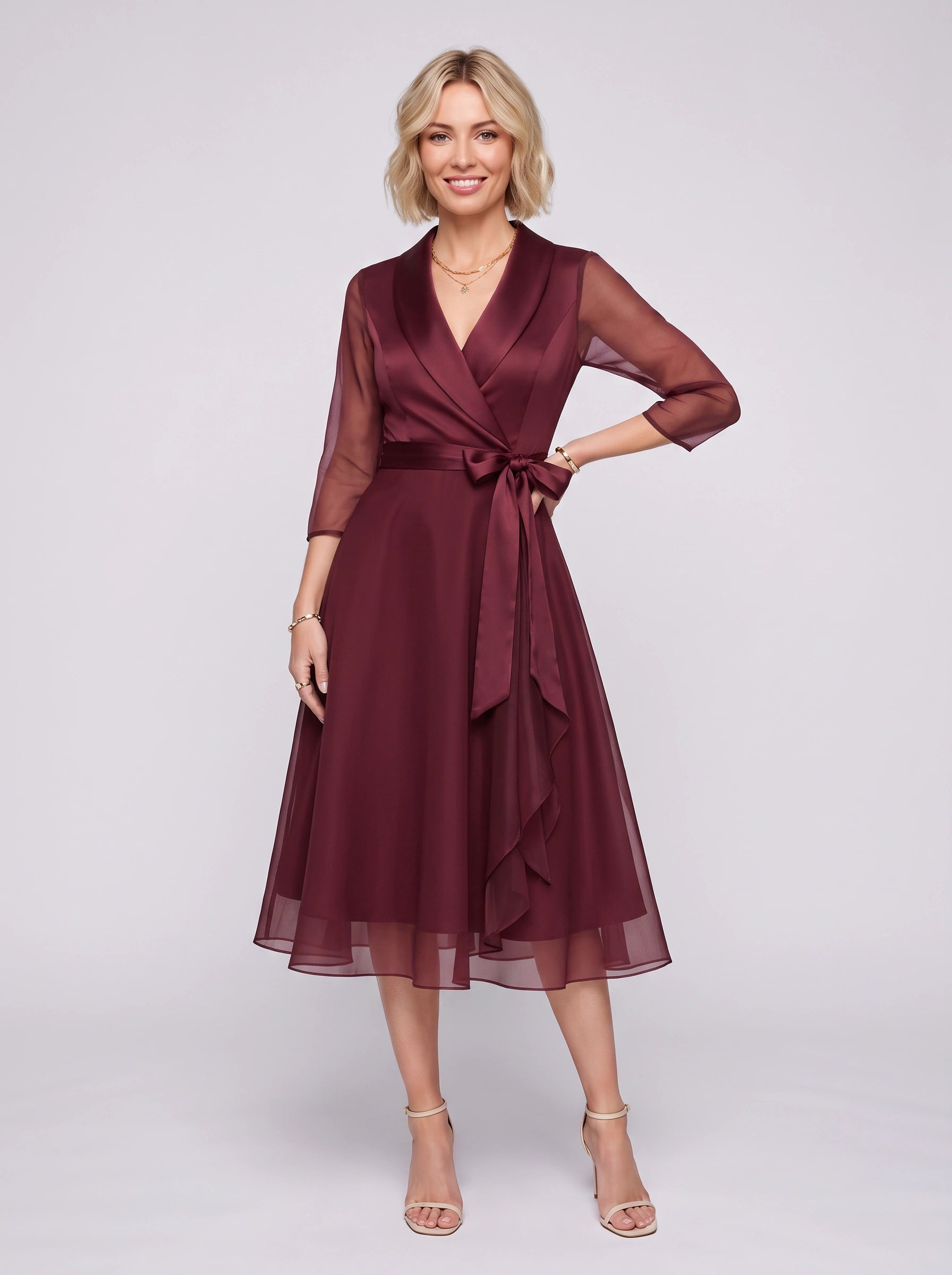 Cintura Wrap Midi Dress – Long Sleeve Formal Women Wedding Guest Fall Party Elegant Midi Dress
