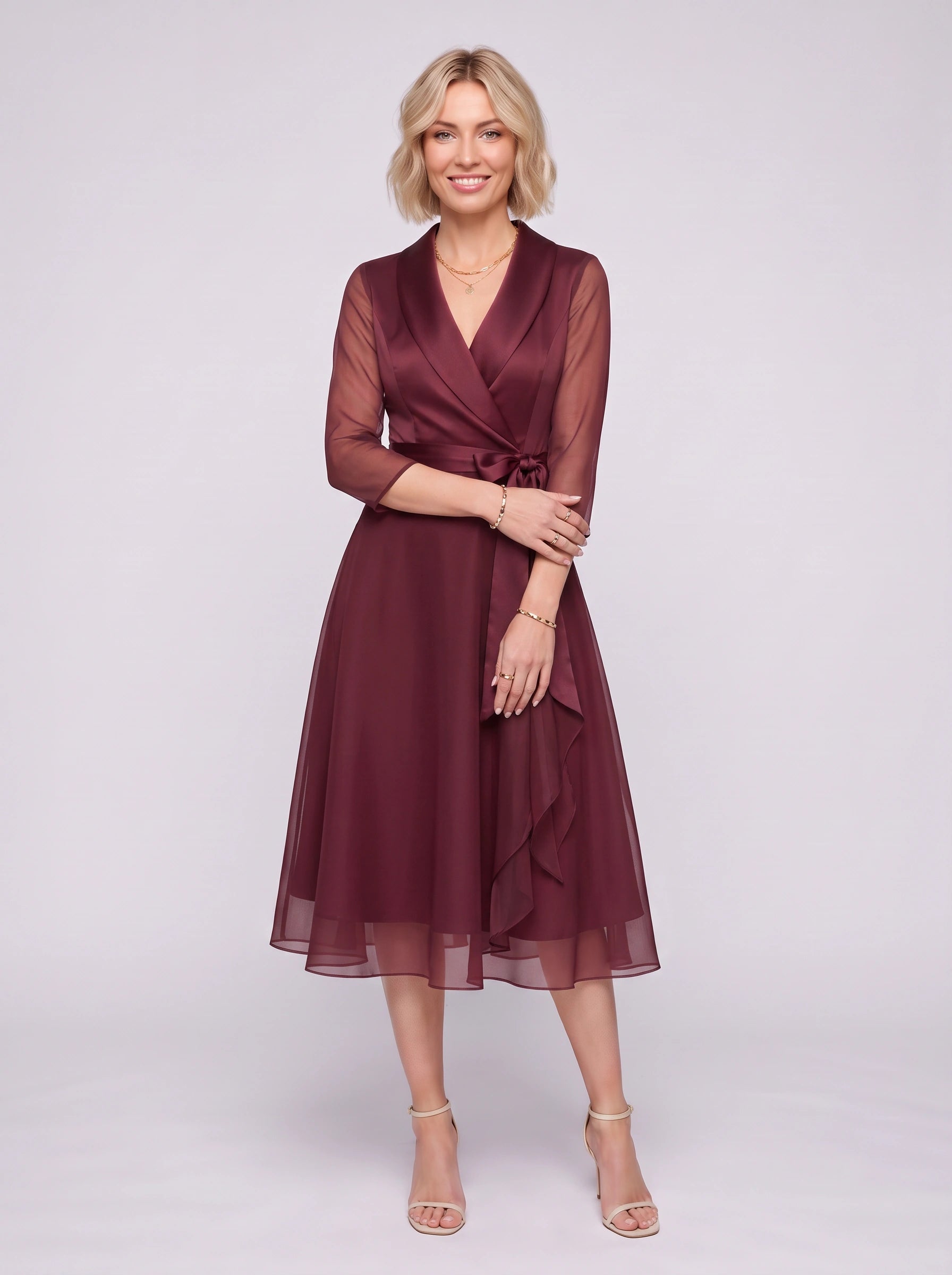 Cintura Wrap Midi Dress – Long Sleeve Formal Women Wedding Guest Fall Party Elegant Midi Dress