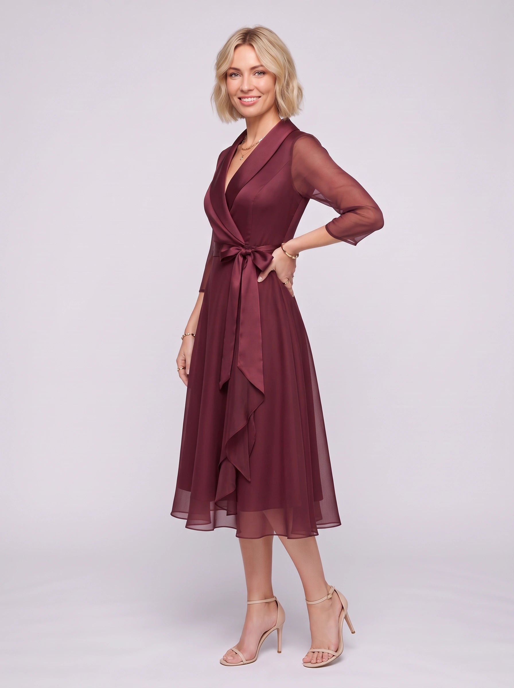 Cintura Wrap Midi Dress – Long Sleeve Formal Women Wedding Guest Fall Party Elegant Midi Dress