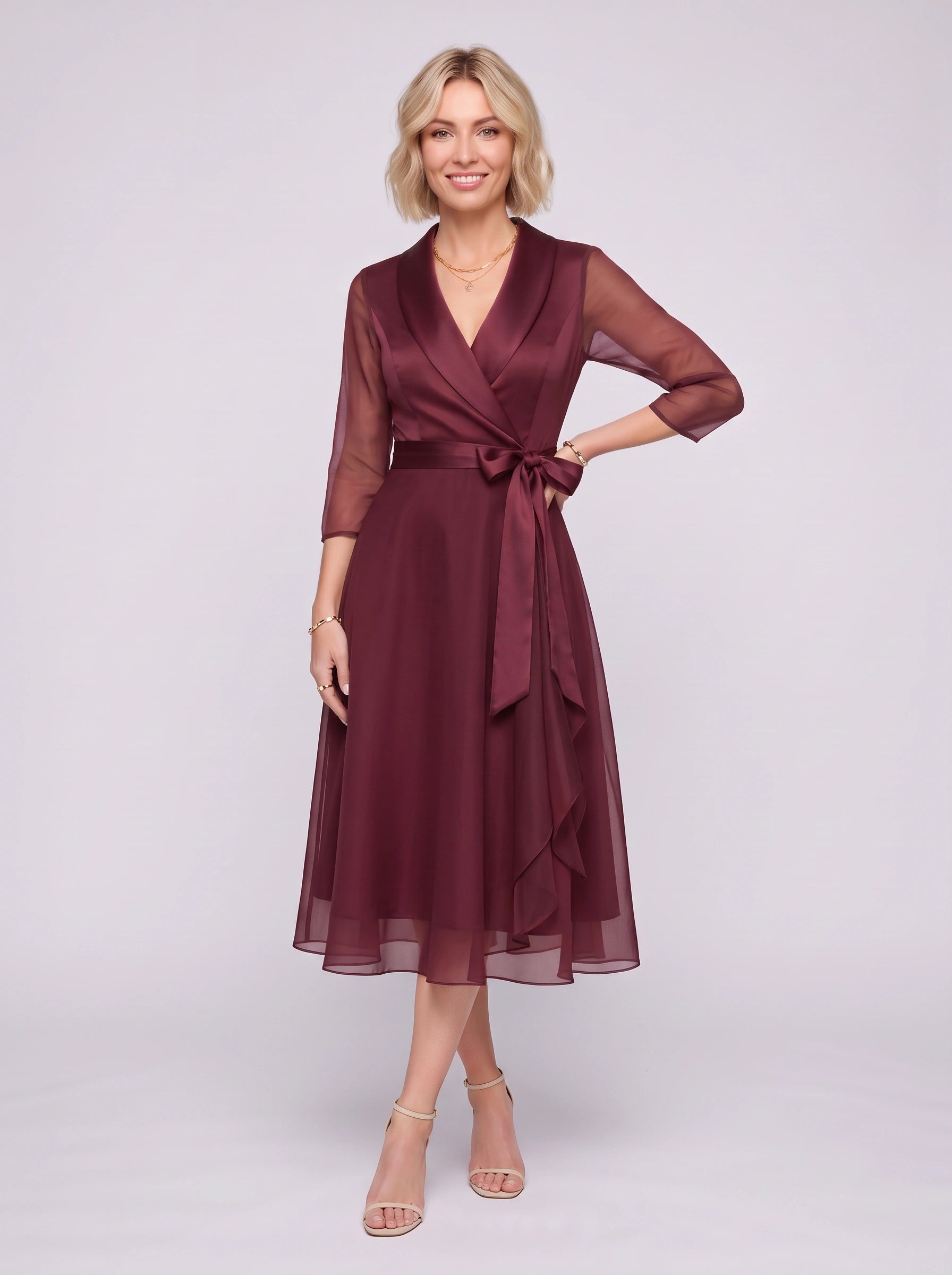 Cintura Wrap Midi Dress – Long Sleeve Formal Women Wedding Guest Fall Party Elegant Midi Dress