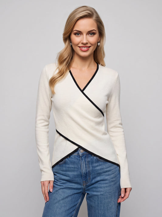 Croslyne Wrap Front Long Sleeve Top – Sweater Women Casual Office Work Smart Dressy Knit Top