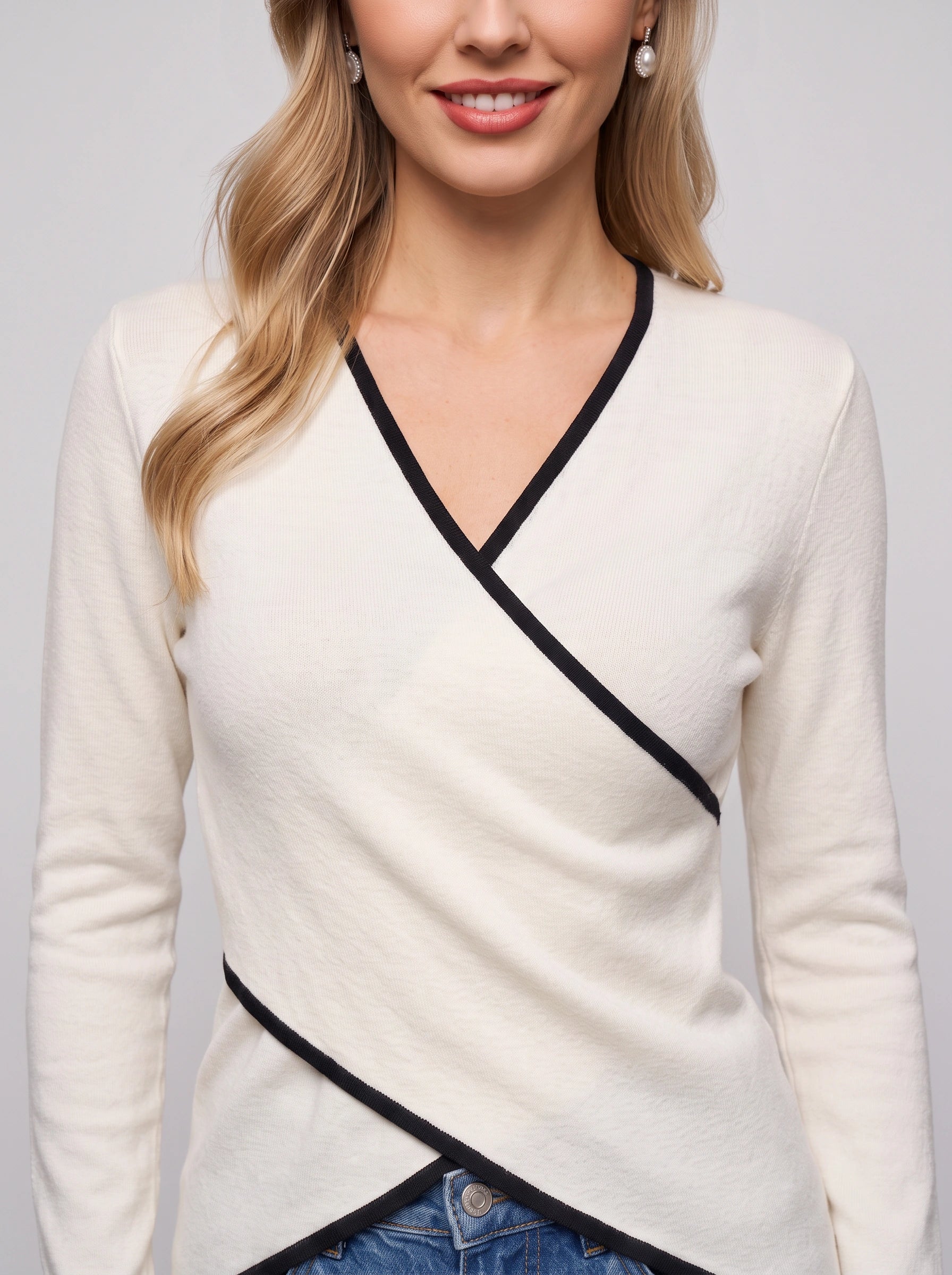Croslyne Wrap Front Long Sleeve Top – Sweater Women Casual Office Work Smart Dressy Knit Top