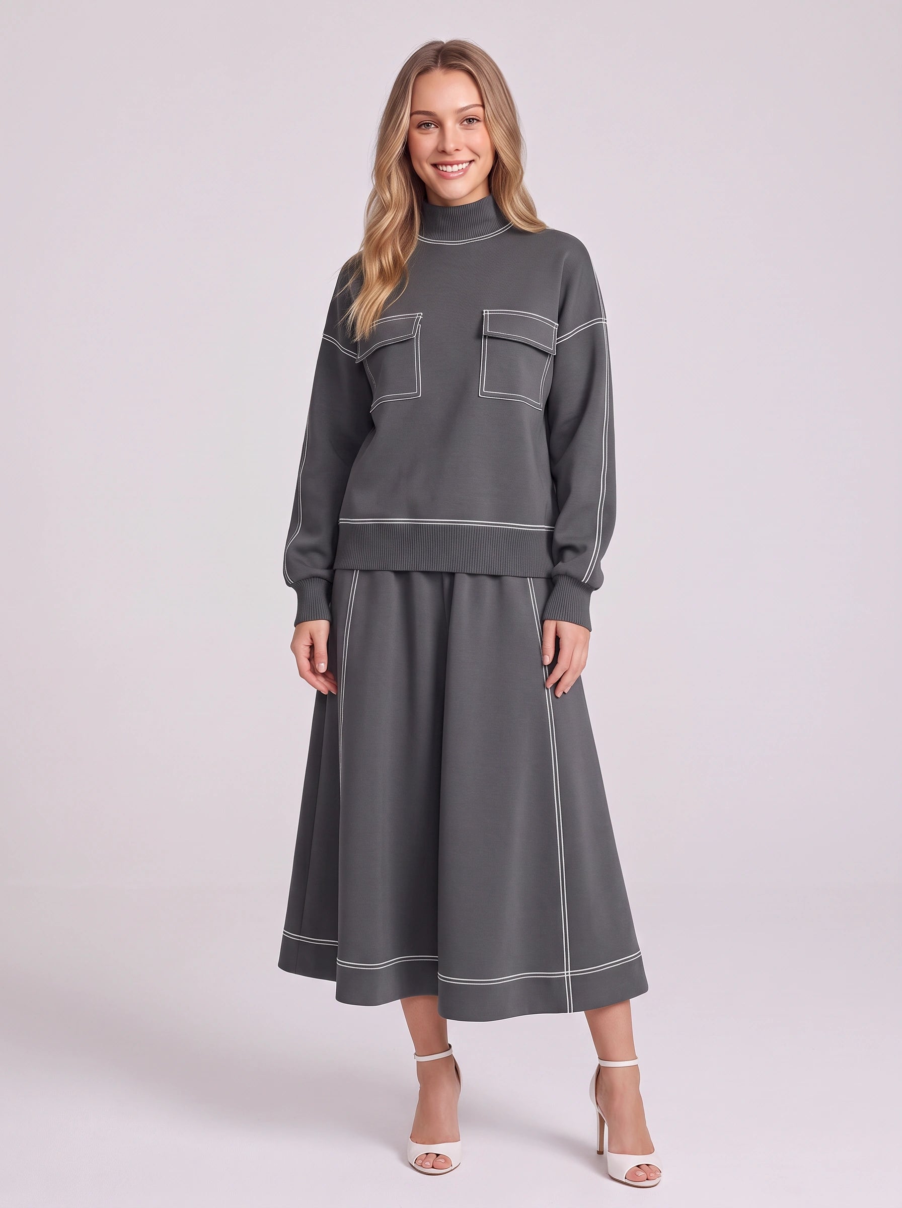 Contrix Turtleneck Wide-Leg Loungewear Set – Two Piece Sets Women Sweat Set Lounge Sets Ribbed Midi Skirt