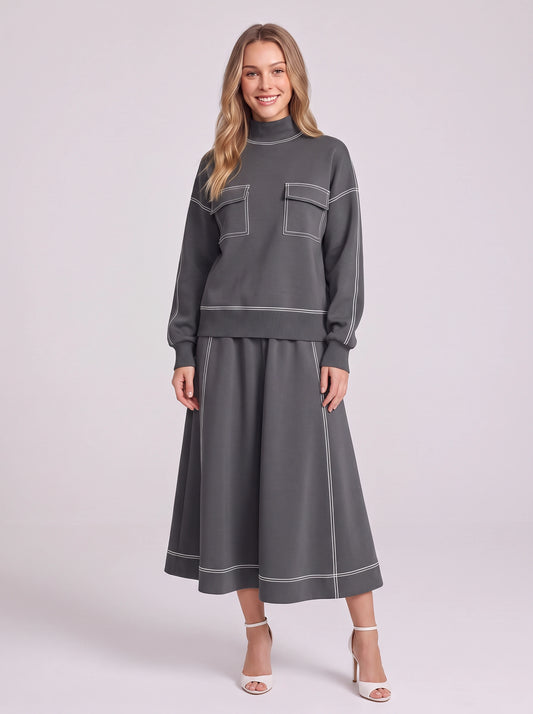 Contrix Turtleneck Wide-Leg Loungewear Set – Two Piece Sets Women Sweat Set Lounge Sets Ribbed Midi Skirt