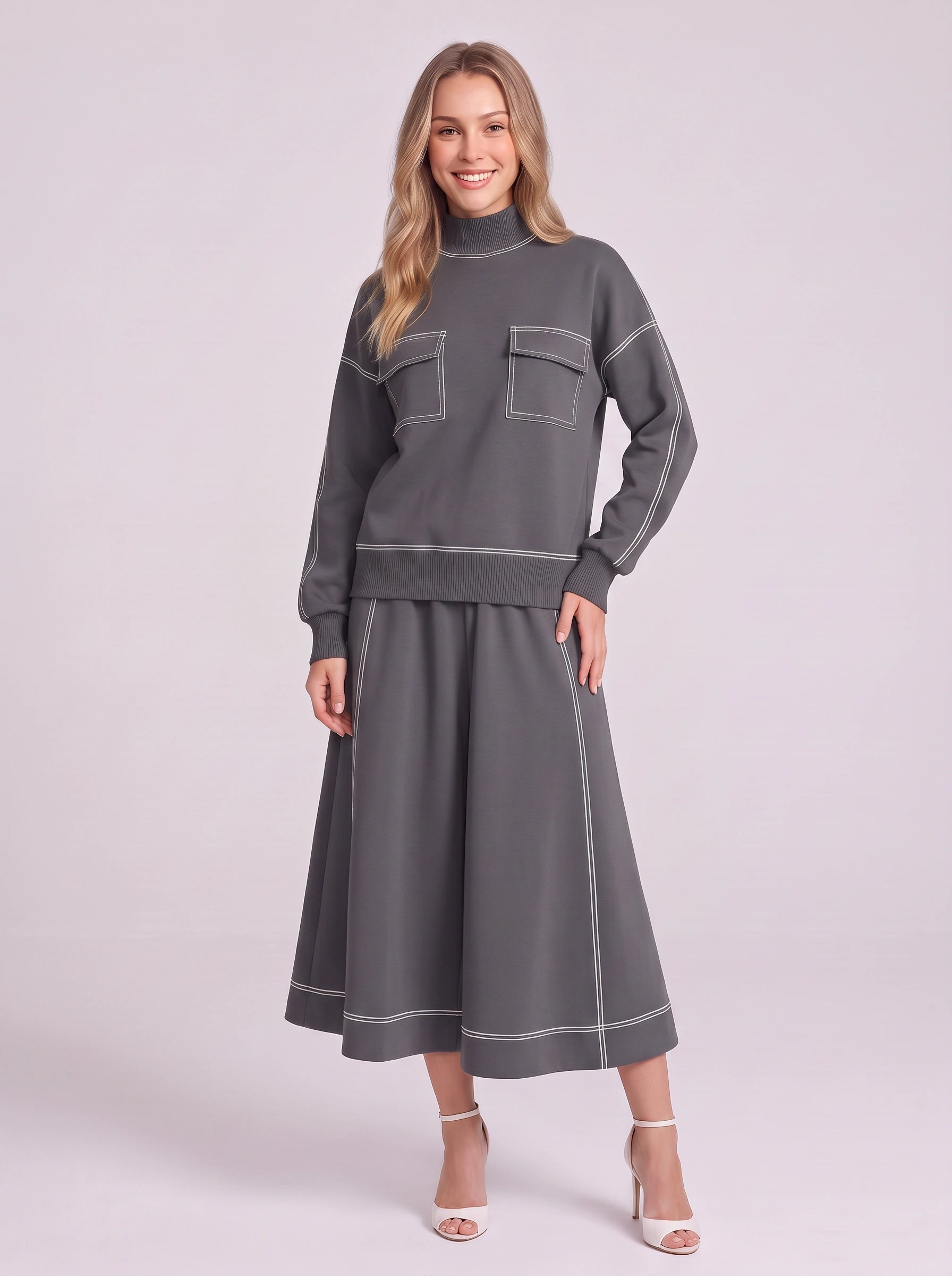 Contrix Turtleneck Wide-Leg Loungewear Set – Two Piece Sets Women Sweat Set Lounge Sets Ribbed Midi Skirt